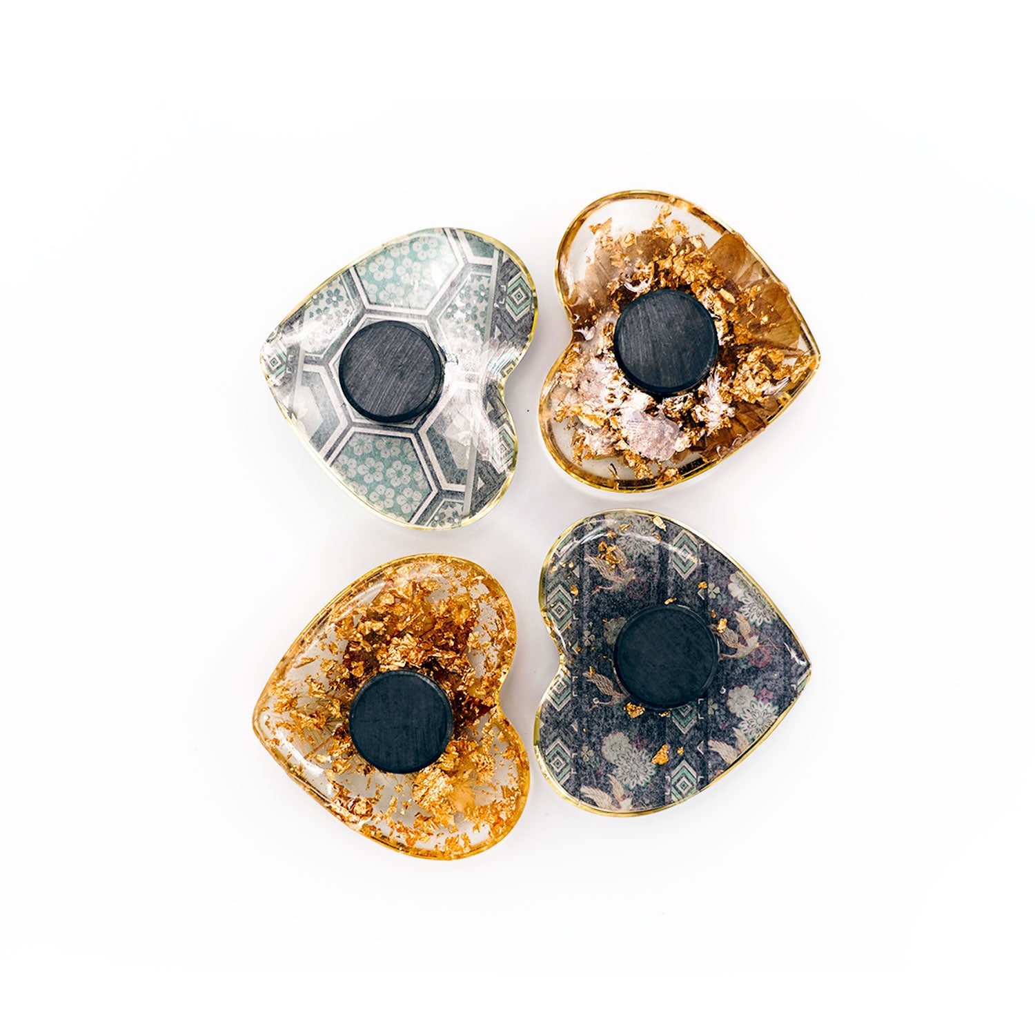 Green & Gold Polished Hearts Handmade Resin Fridge Magnets