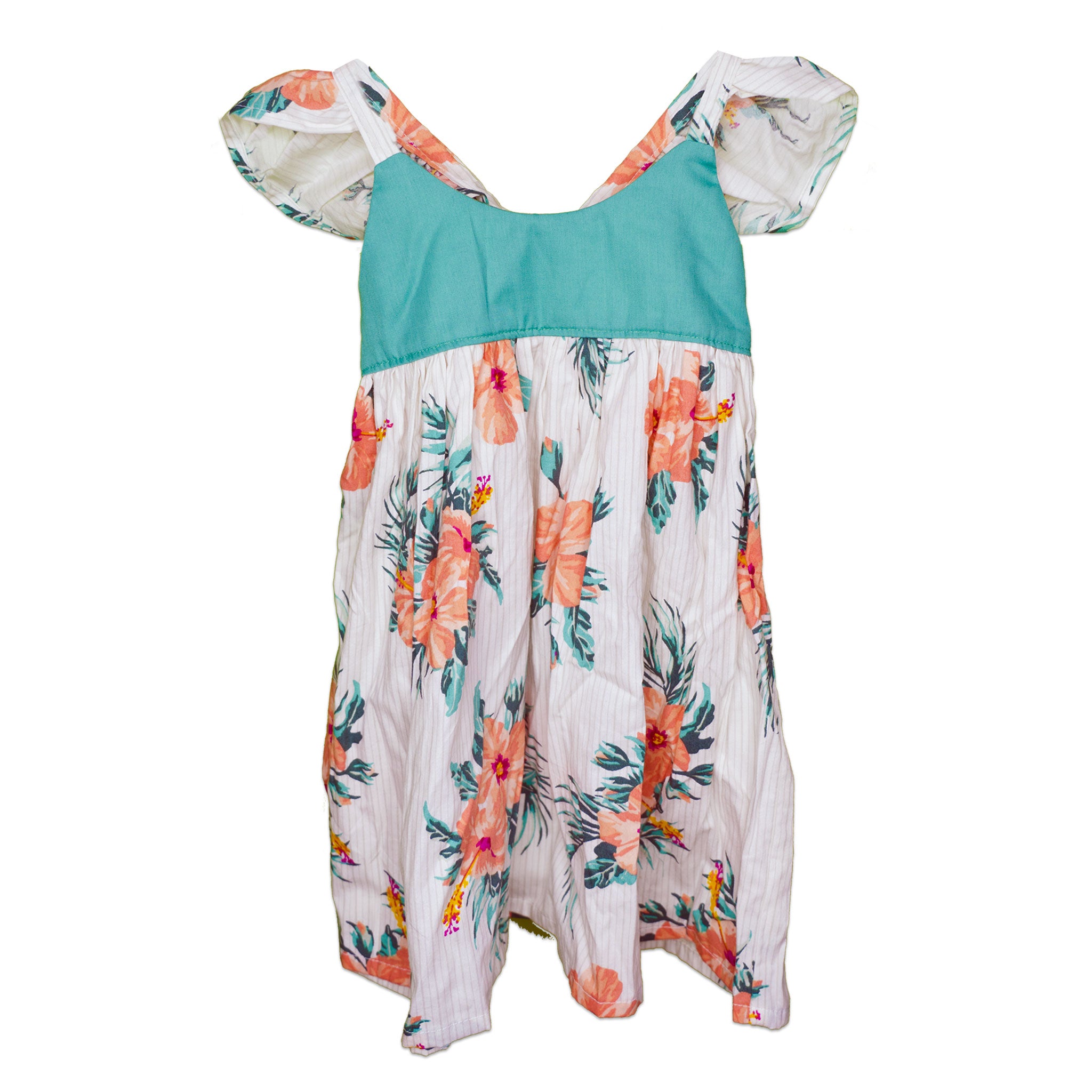 White & Teal Elastic Waist Back Flutter Sleeve Handmade Dress