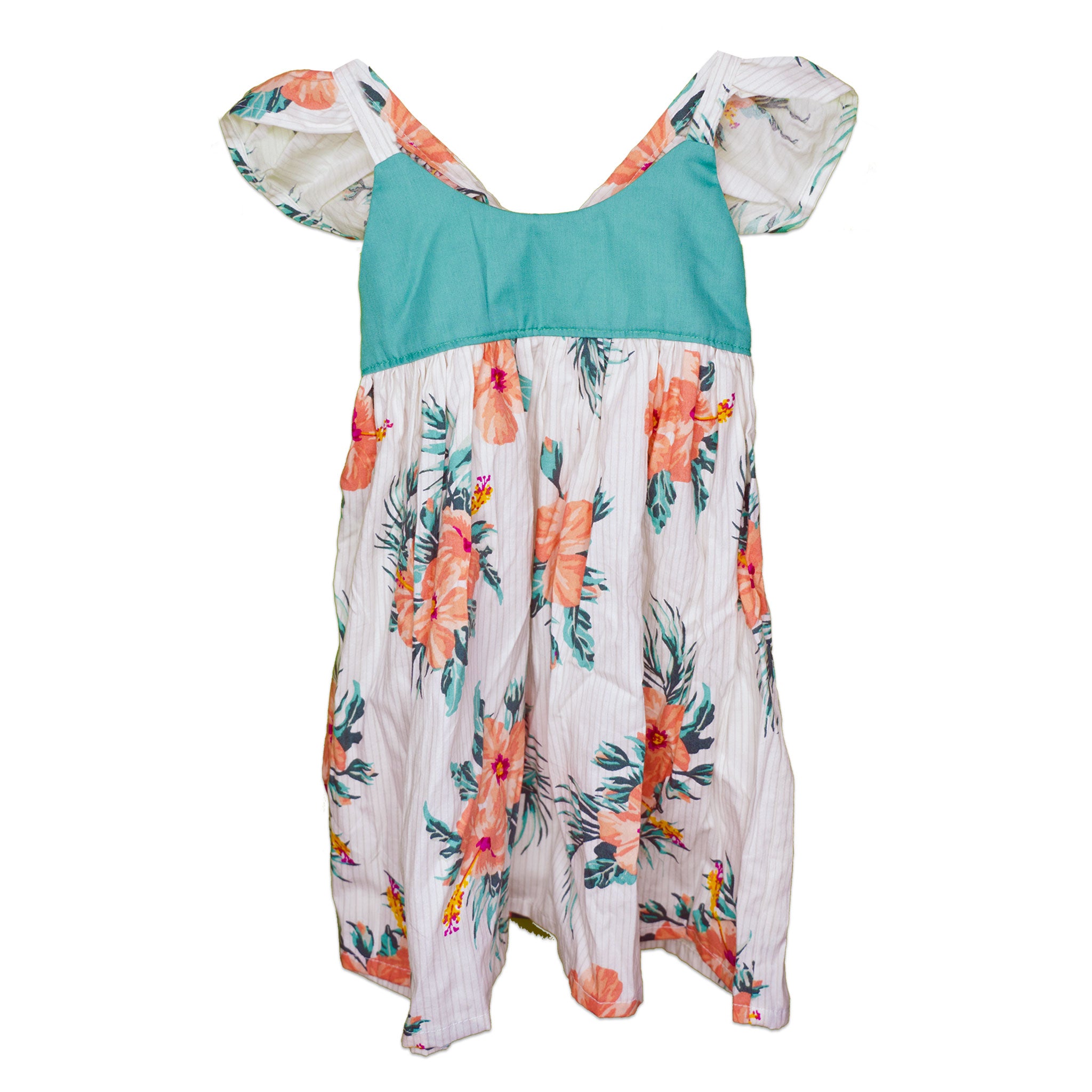 White & Teal Elastic Waist Back Flutter Sleeve Handmade Dress - Toddler
