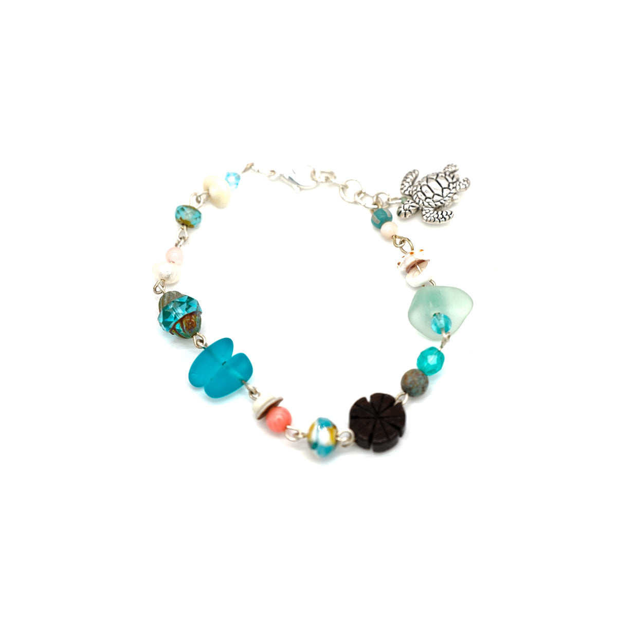 Silver Honu Turtle Charm Bracelet with Czech Glass, Wood, & Shells