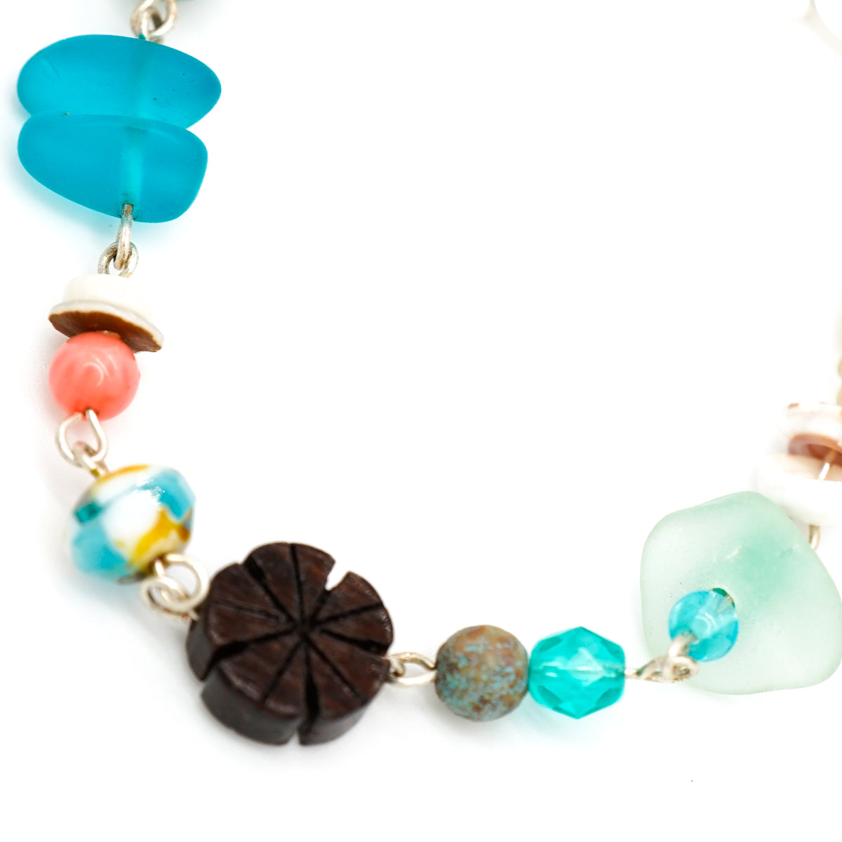 Silver Honu Turtle Charm Bracelet with Czech Glass, Wood, & Shells