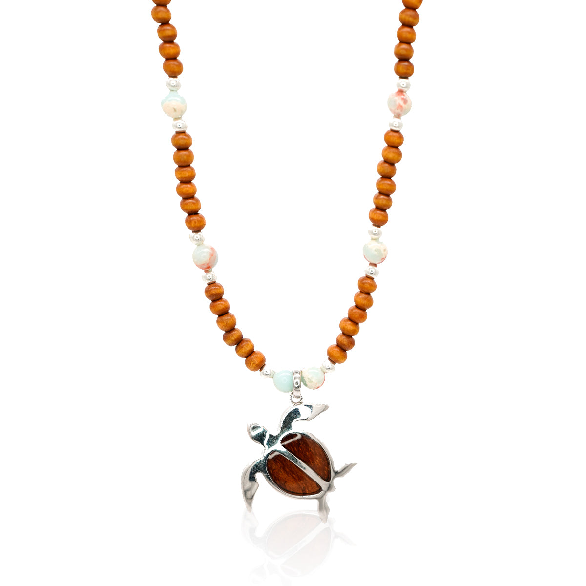 Koa Wood & Sterling Silver Honu Turtle Pendant with Imperial Jasper