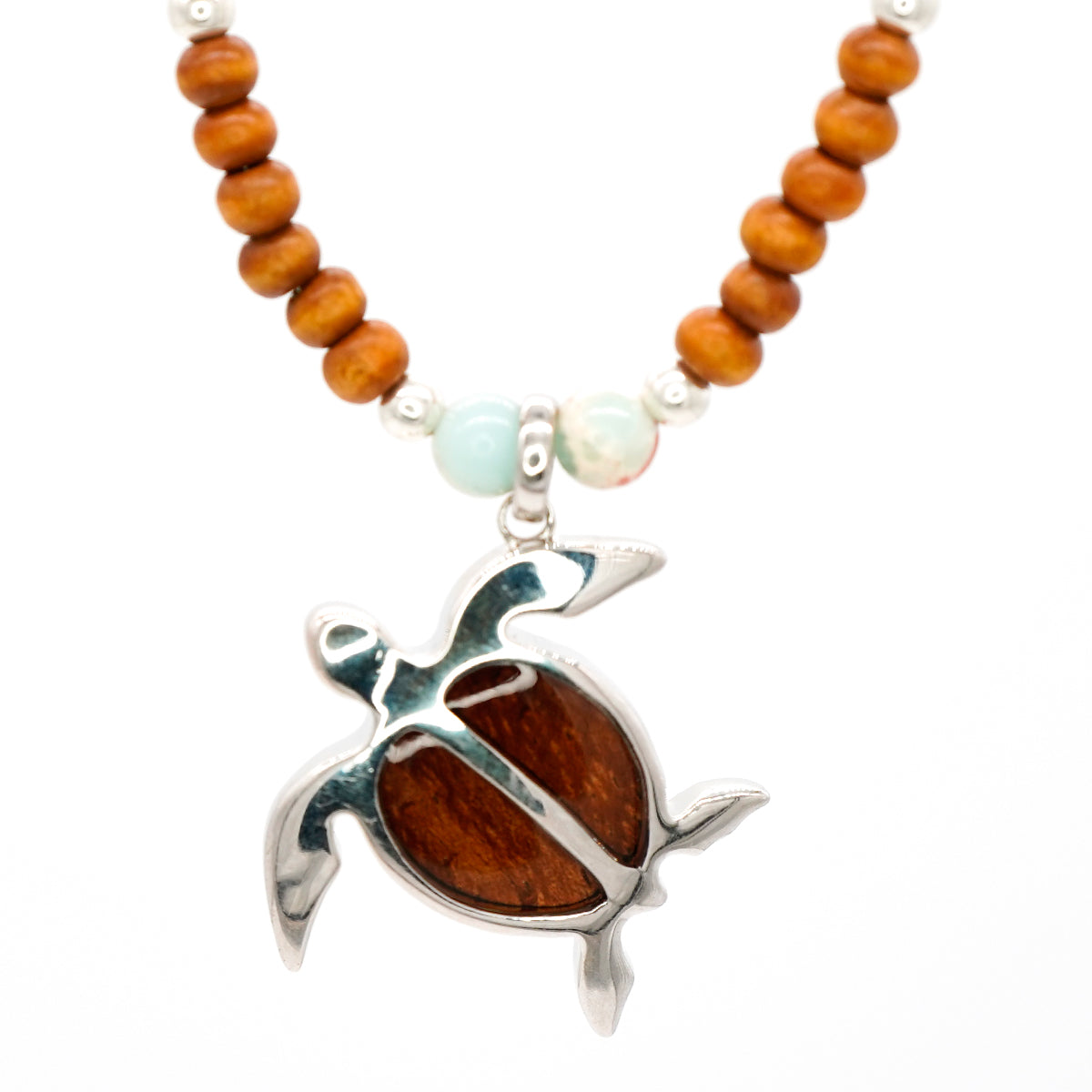 Koa Wood & Sterling Silver Honu Turtle Pendant with Imperial Jasper