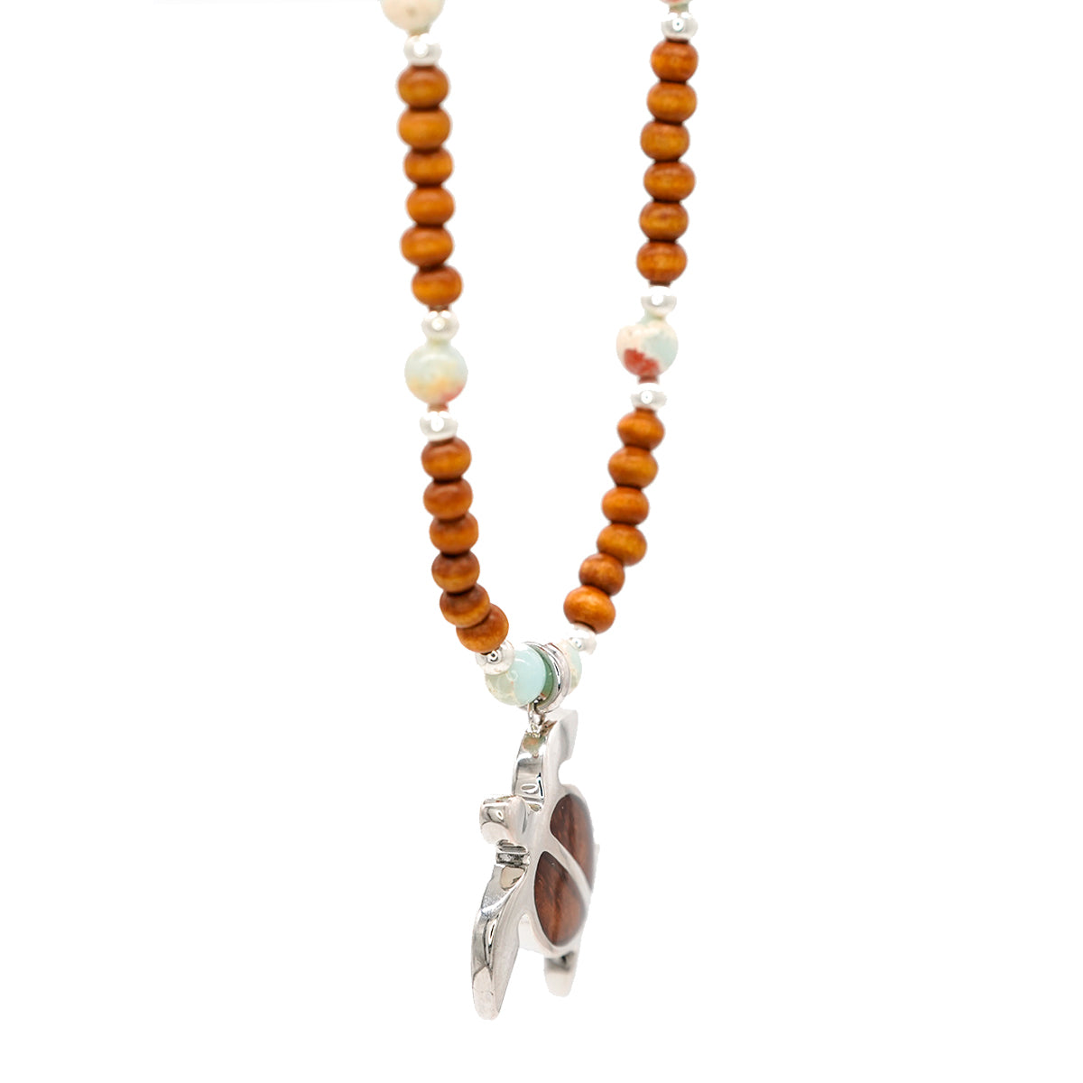 Koa Wood & Sterling Silver Honu Turtle Pendant with Imperial Jasper