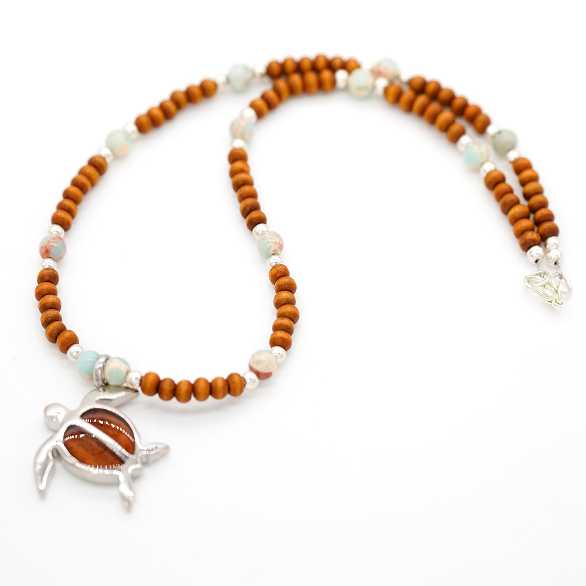 Koa Wood & Sterling Silver Honu Turtle Pendant with Imperial Jasper