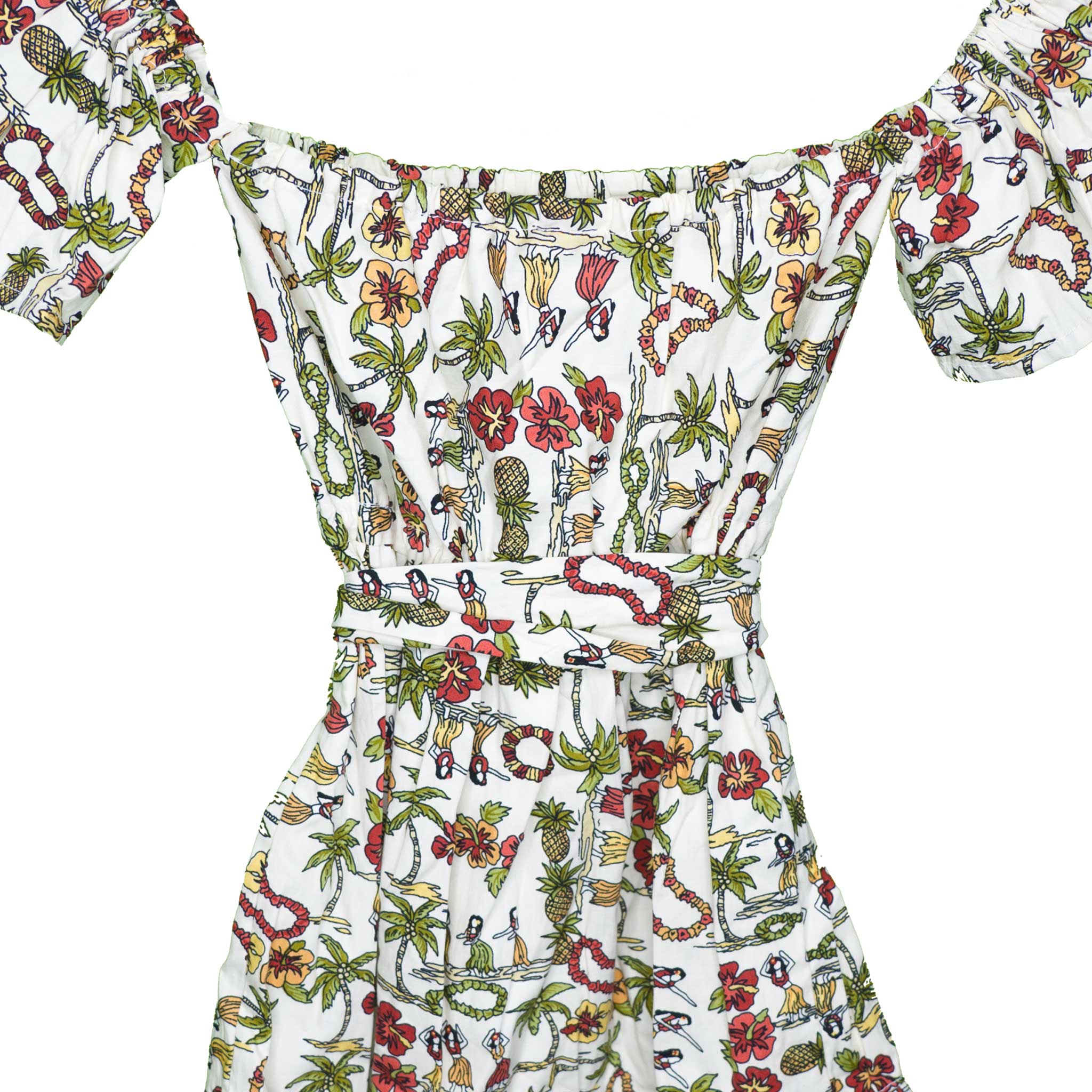 Janeah Hula Print Elastic Waist Back Handmade Off Shoulder Dress