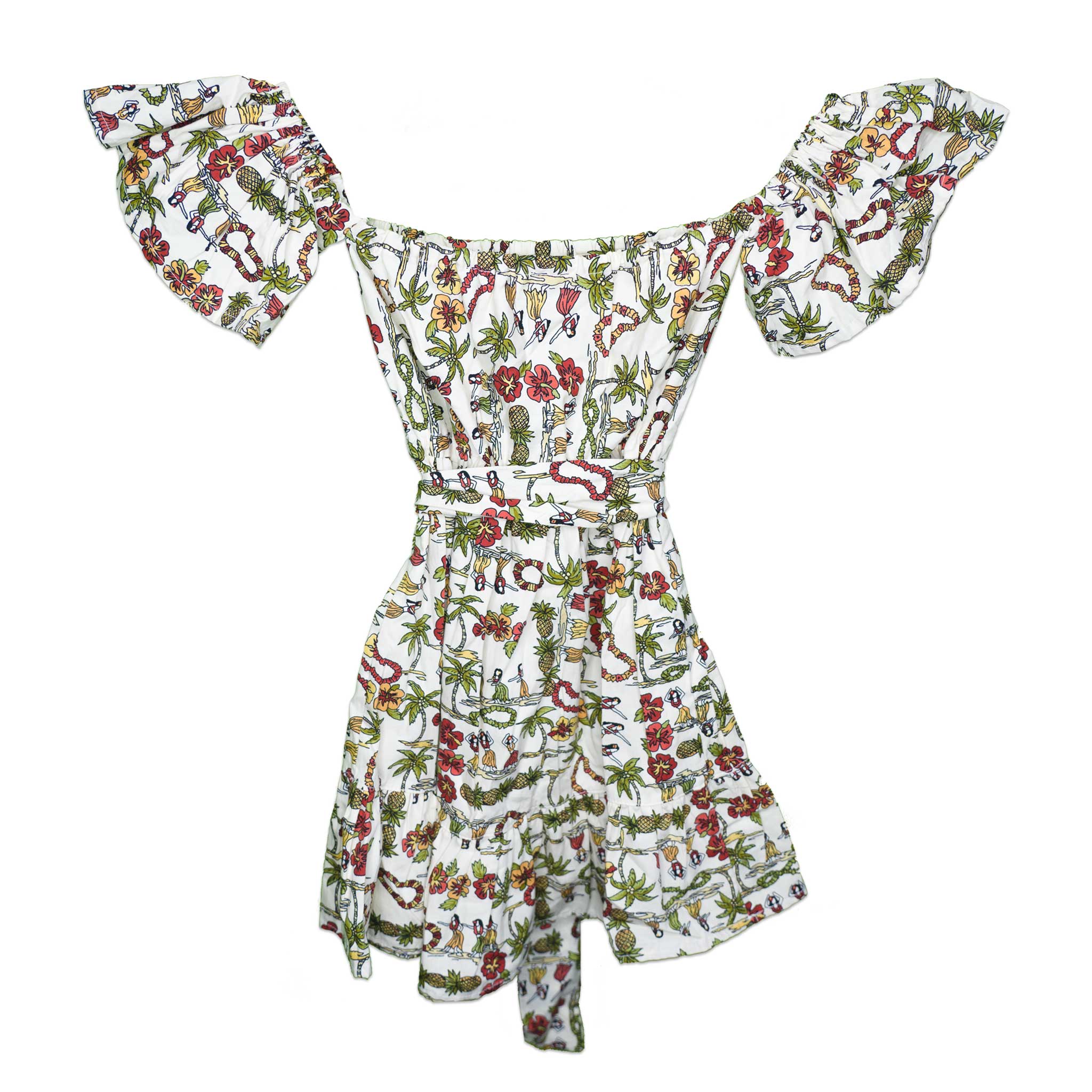 Off the shoulder mini dress with tropical florals, parrots, and palms, featuring flutter sleeves and a belted waist for a playful fit.