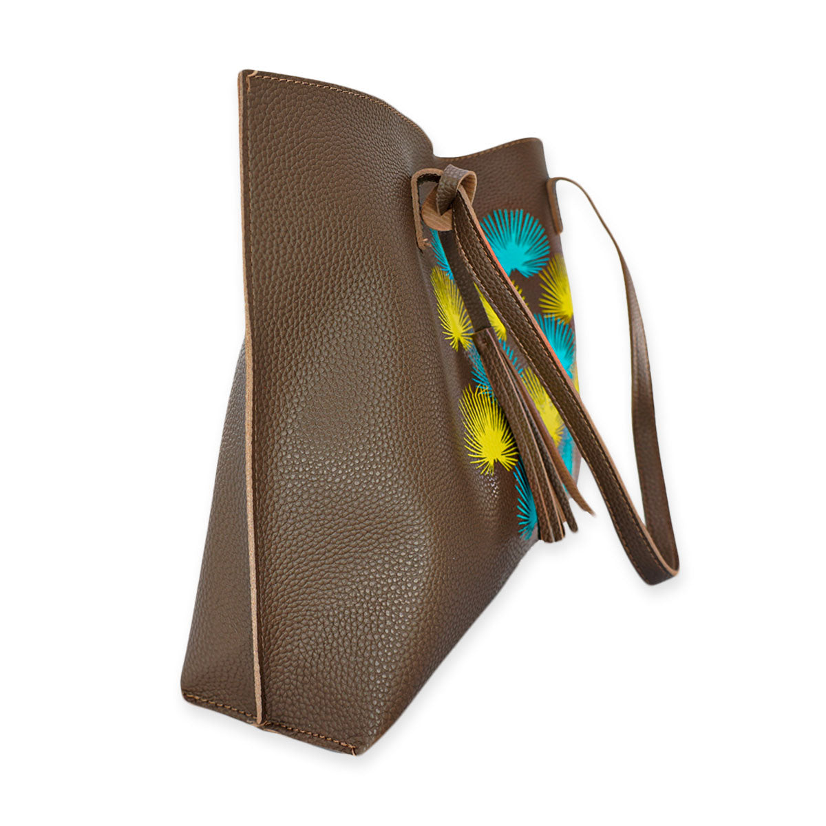 Faux Pebbled Leather Everyday Brown Tote Bag - Kūlia Yellow & Teal