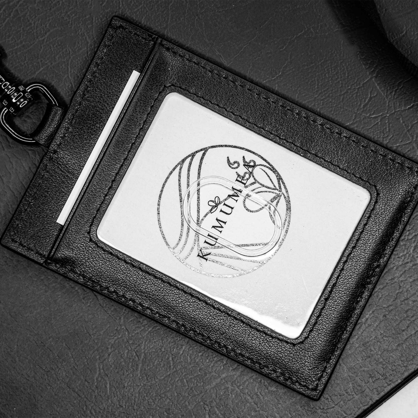 Luxury Top Grain Leather Handmade RFID Lanyard - Black & Silver