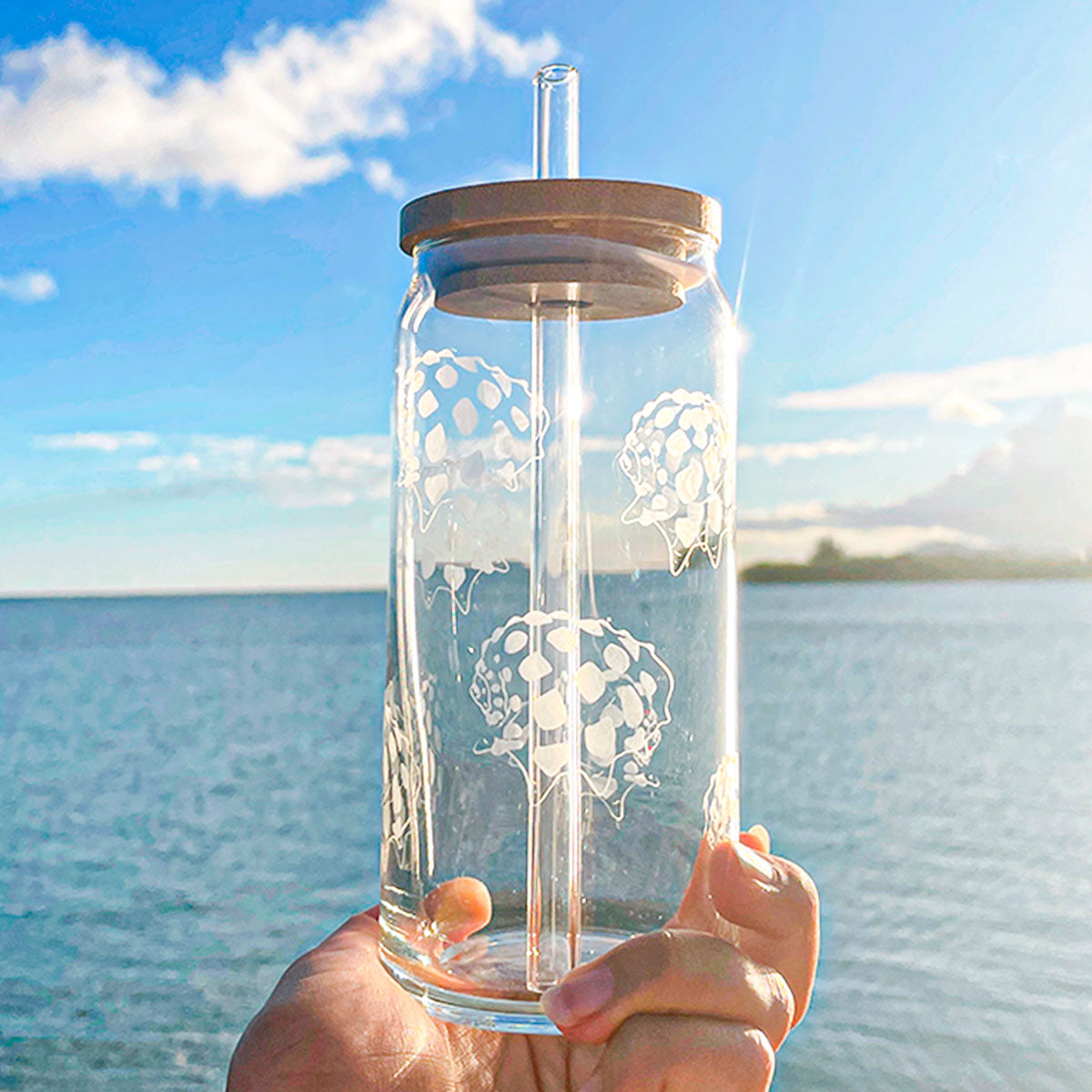 Hand Etched 20 oz Glass Tumbler with Lid & Straw - Drupe Shells