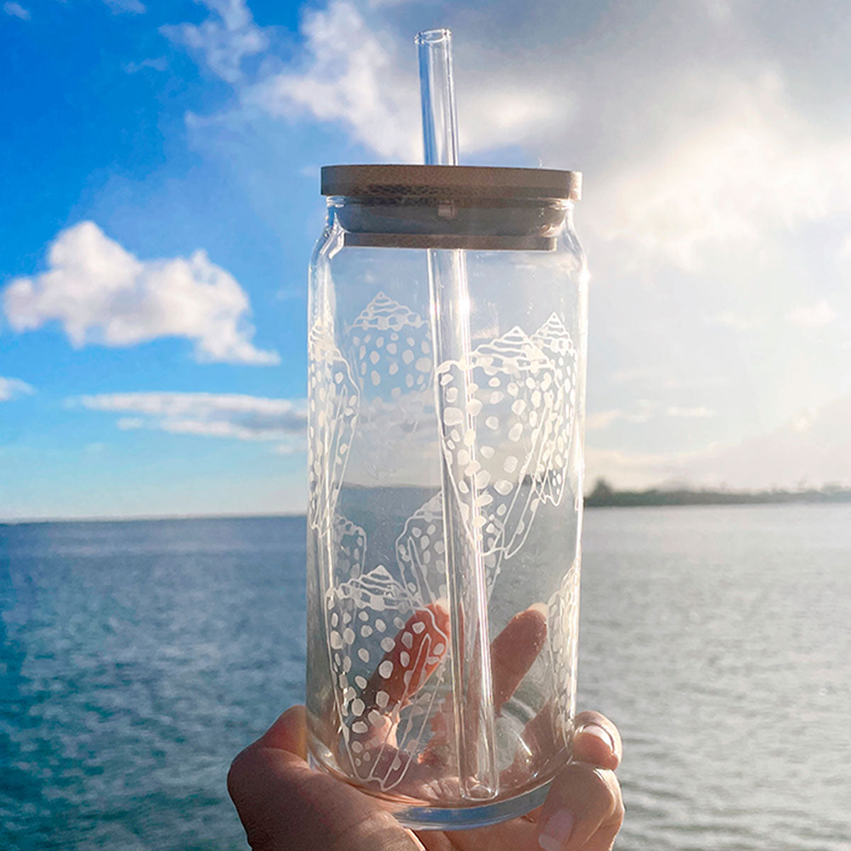 Hand Etched 20 oz Glass Tumbler with Lid & Straw - Flea Cone Shell
