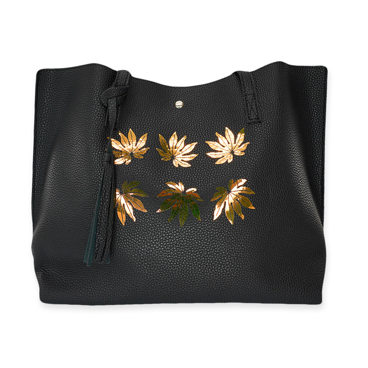 Faux Pebbled Leather Everyday Black Tote Bag - Gold Foil Lauwaʻe