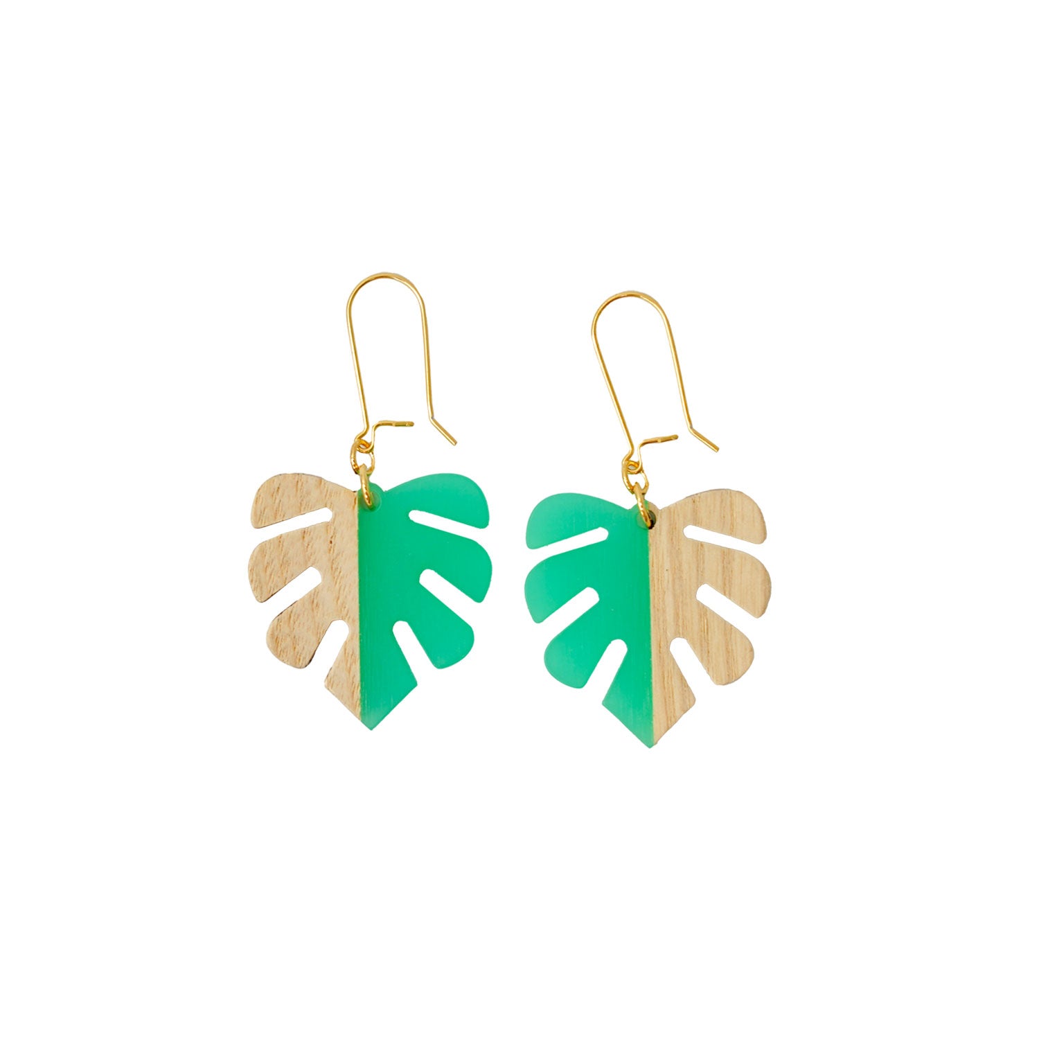 Monstera Resin & Light Wood Gold Earrings