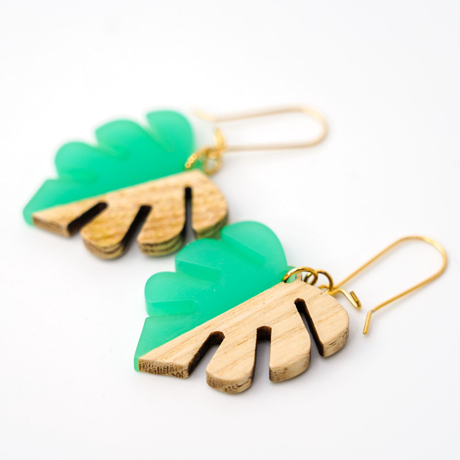 Monstera Resin & Light Wood Gold Earrings