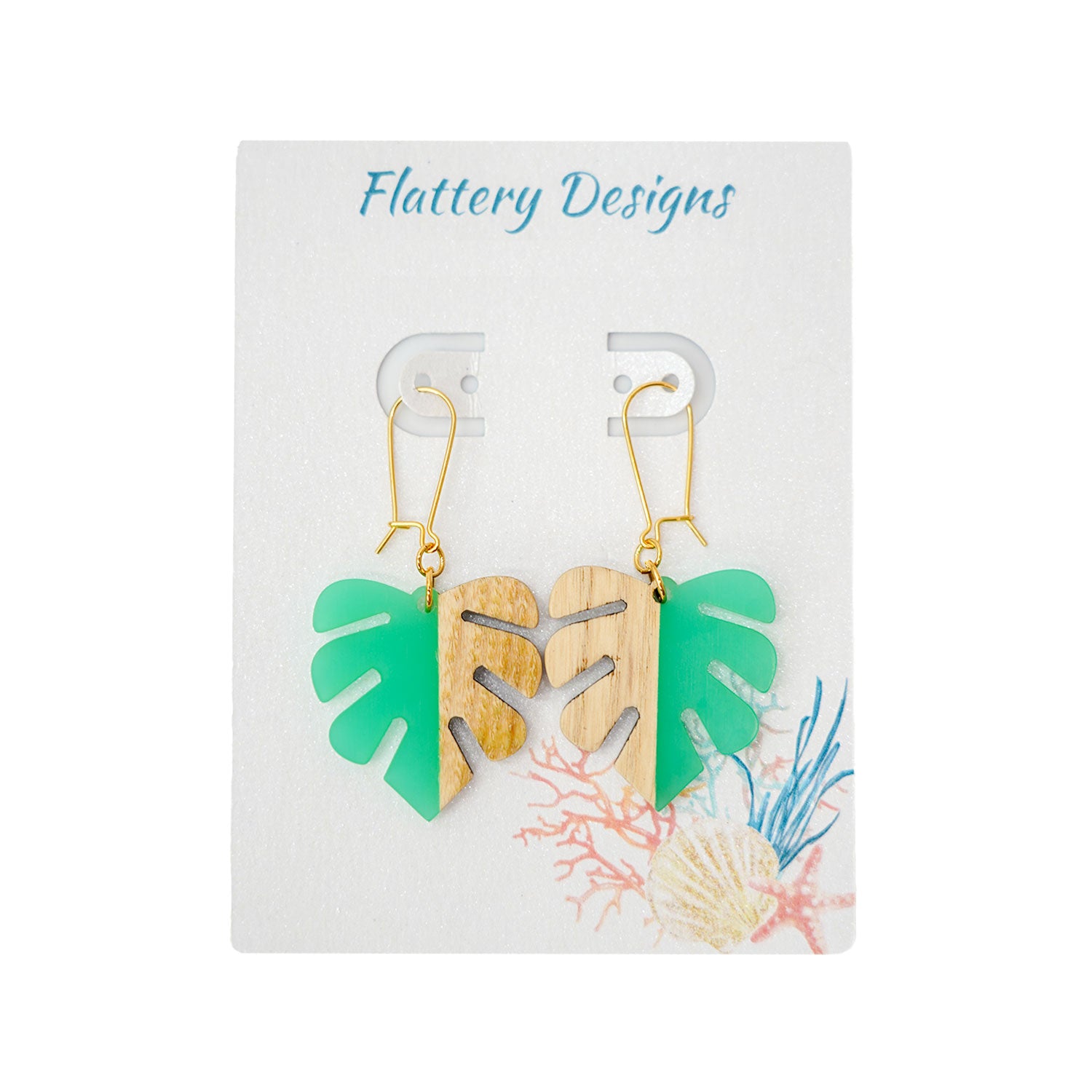 Monstera Resin & Light Wood Gold Earrings