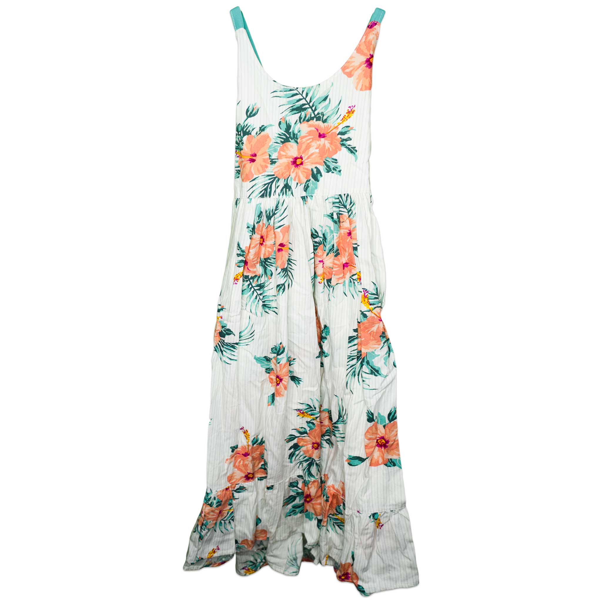 A breezy, full-length tropical floral dress from Baby Jolie’s Closet, featuring vibrant coral hibiscus blooms, lush green leaves, and delicate vertical stripes on lightweight fabric, the perfect handmade piece for effortless island-inspired charm and all-day comfort.