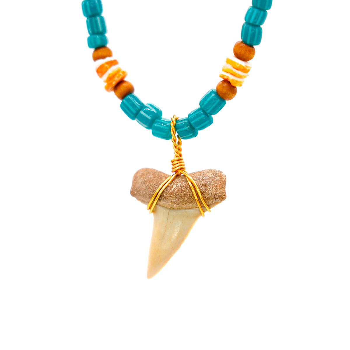Fossilized Mako Shark Tooth Pendant on Oyster & Indonesian Glass