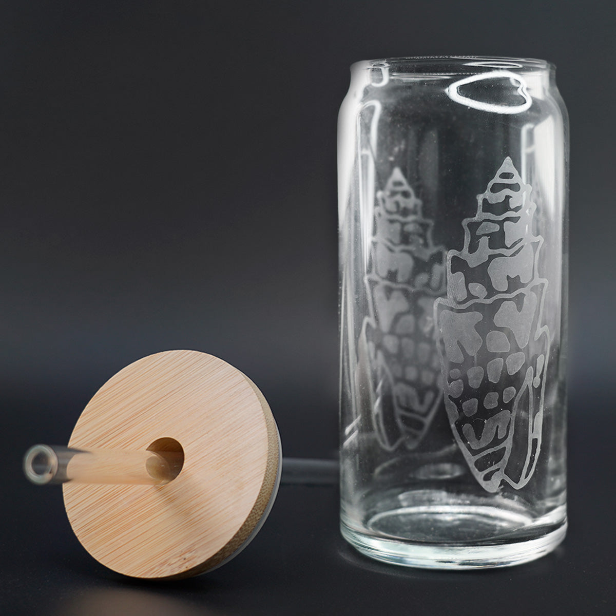 Hand Etched 20 oz Glass Tumbler with Lid & Straw - Miter Shells
