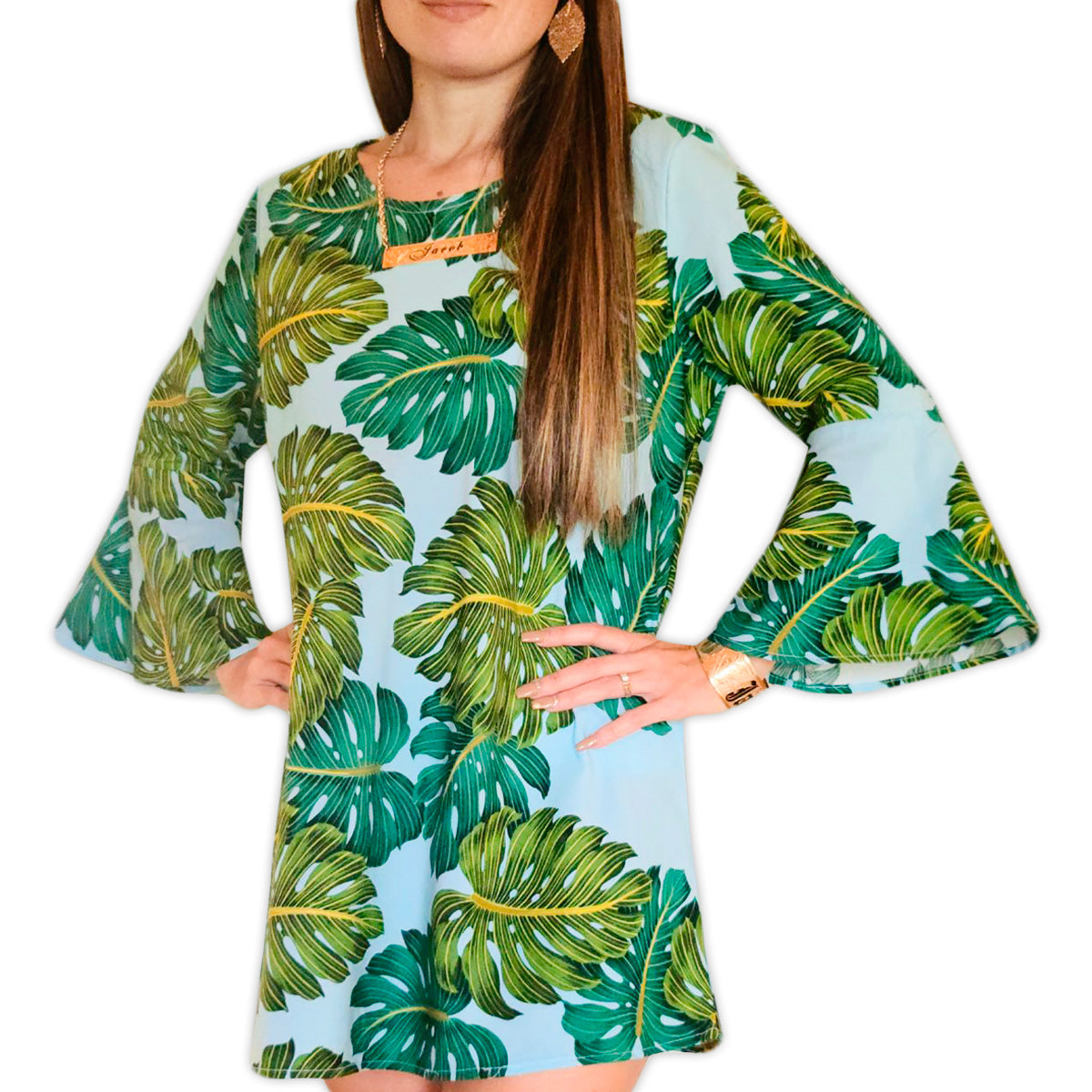 Monstera Bell Sleeve Mini Dress S Monstera Bell Sleeve Mini Dress S
