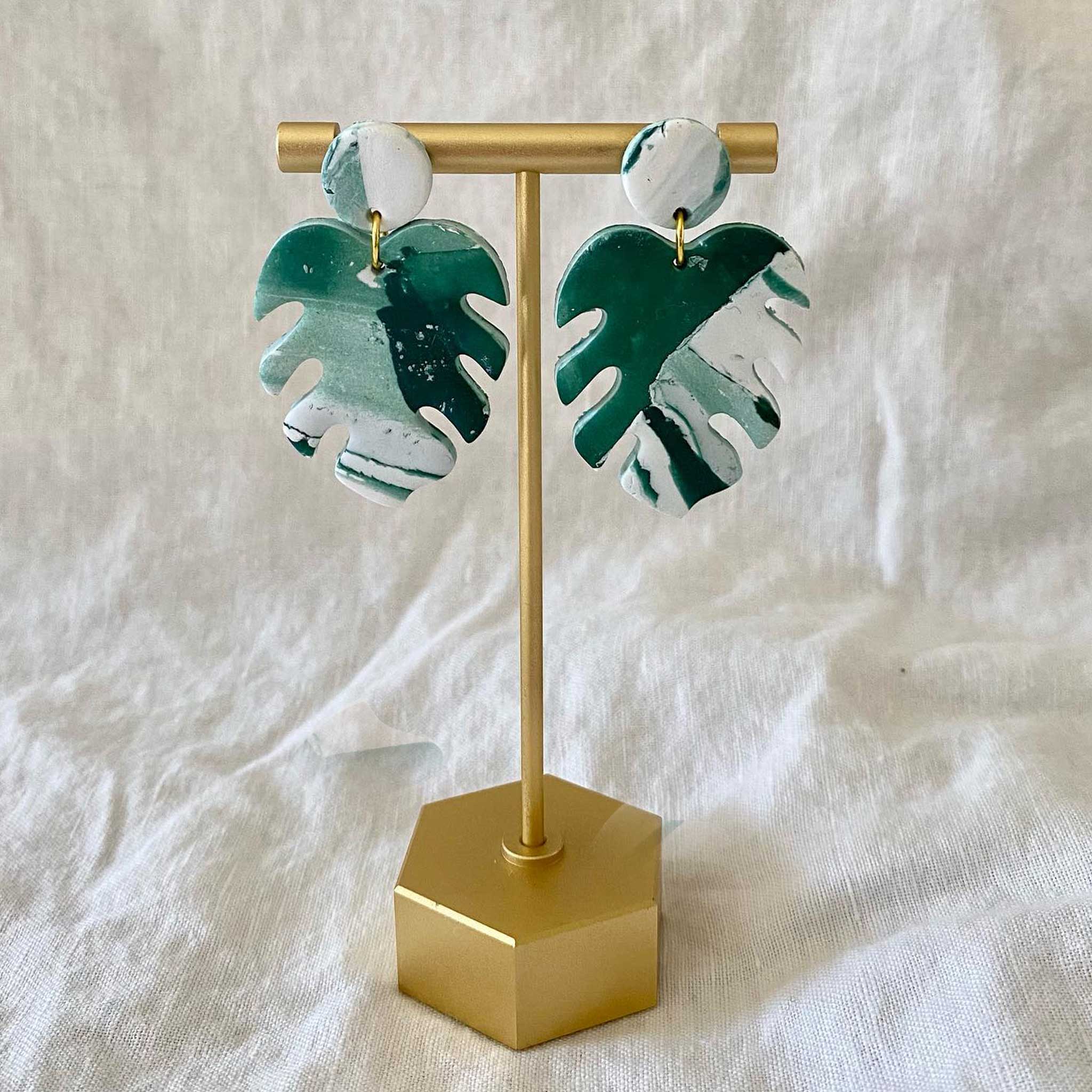 Monstera Polymer Earrings on Stand