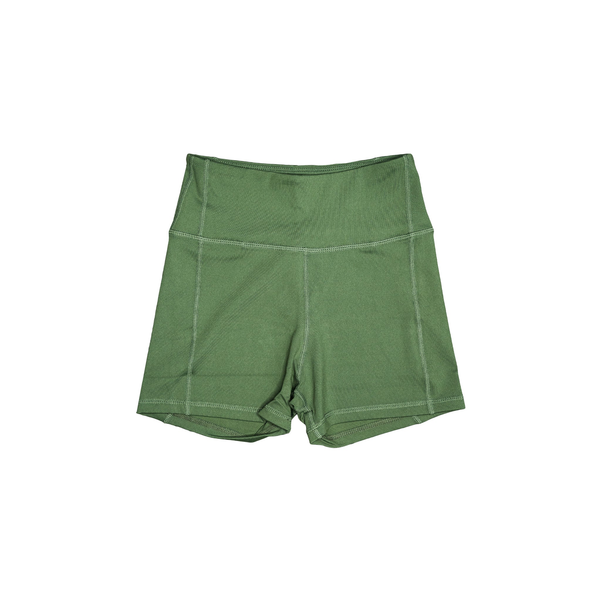 High-waisted olive green biker shorts with flattering panel stitching and a wide waistband for a sleek, supportive fit. Designed for movement and comfort, perfect for workouts, yoga, or active days in the sun.