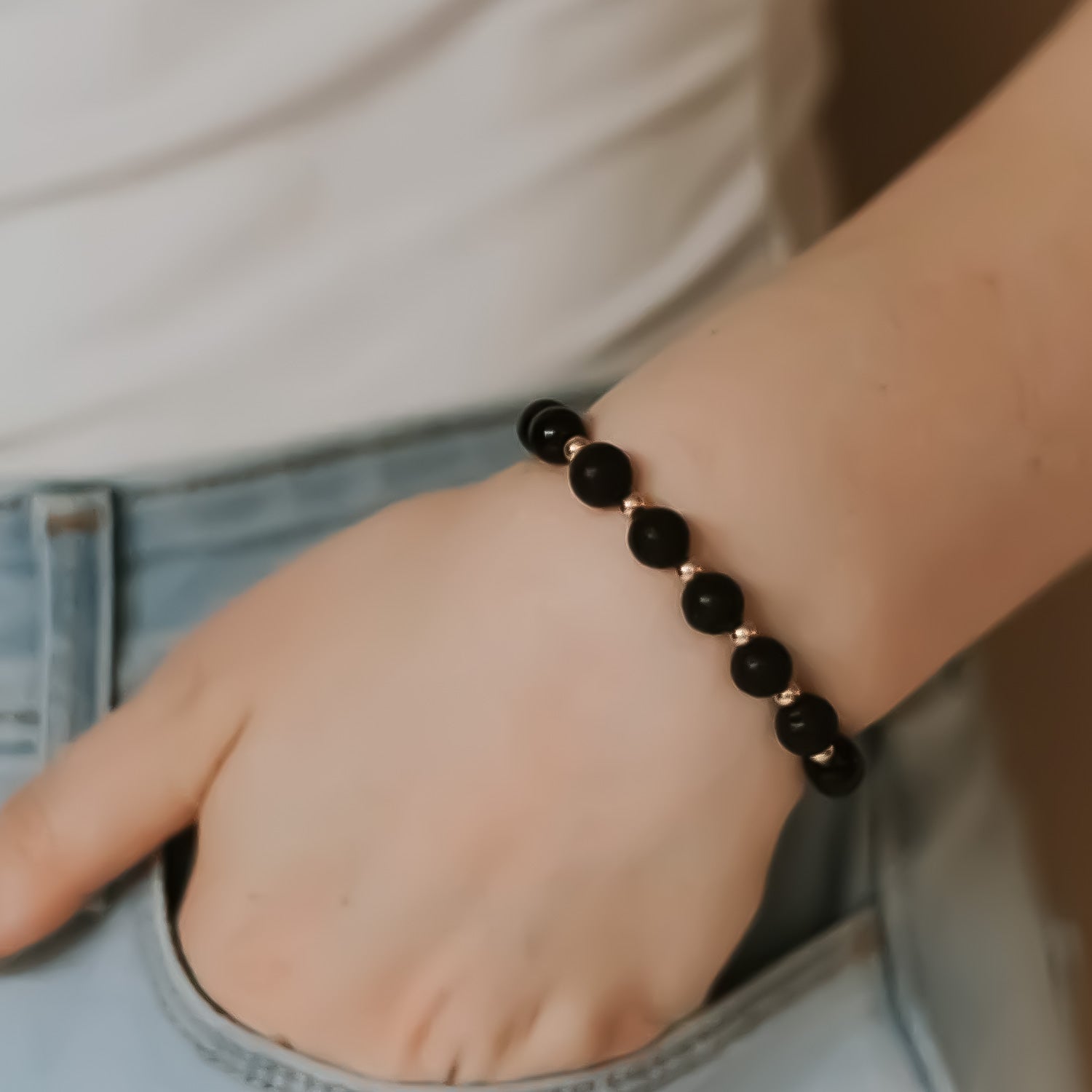 Black Onyx + Lava Bead 14k Gold Filled 7" Bracelet