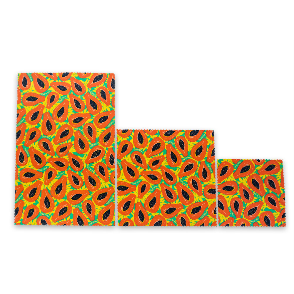 Reusable Handmade Organic Beeswax Food Wraps 3 Pack - Tropical Papaya