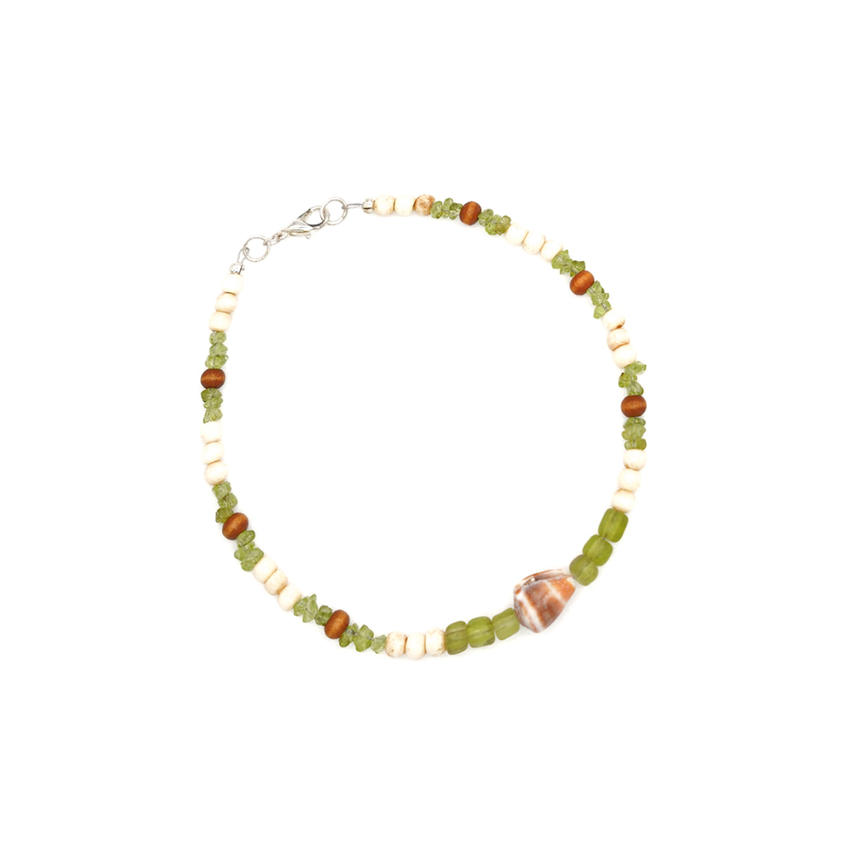 Hawaiian Cone Snail Shell, Peridot, Bone & Wood Bead Anklet