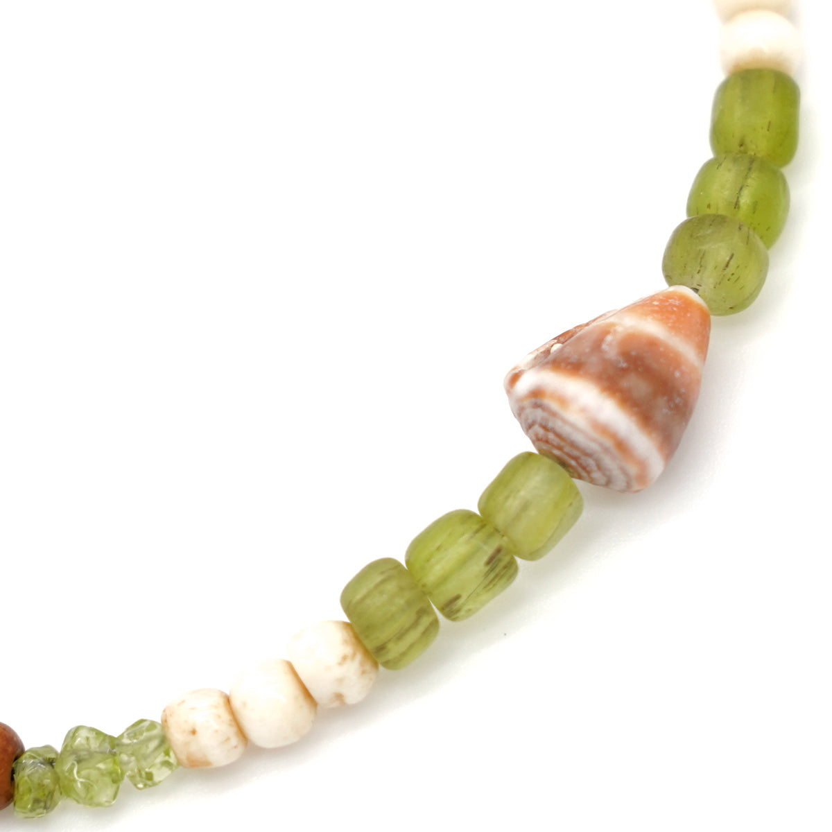Hawaiian Cone Snail Shell, Peridot, Bone & Wood Bead Anklet