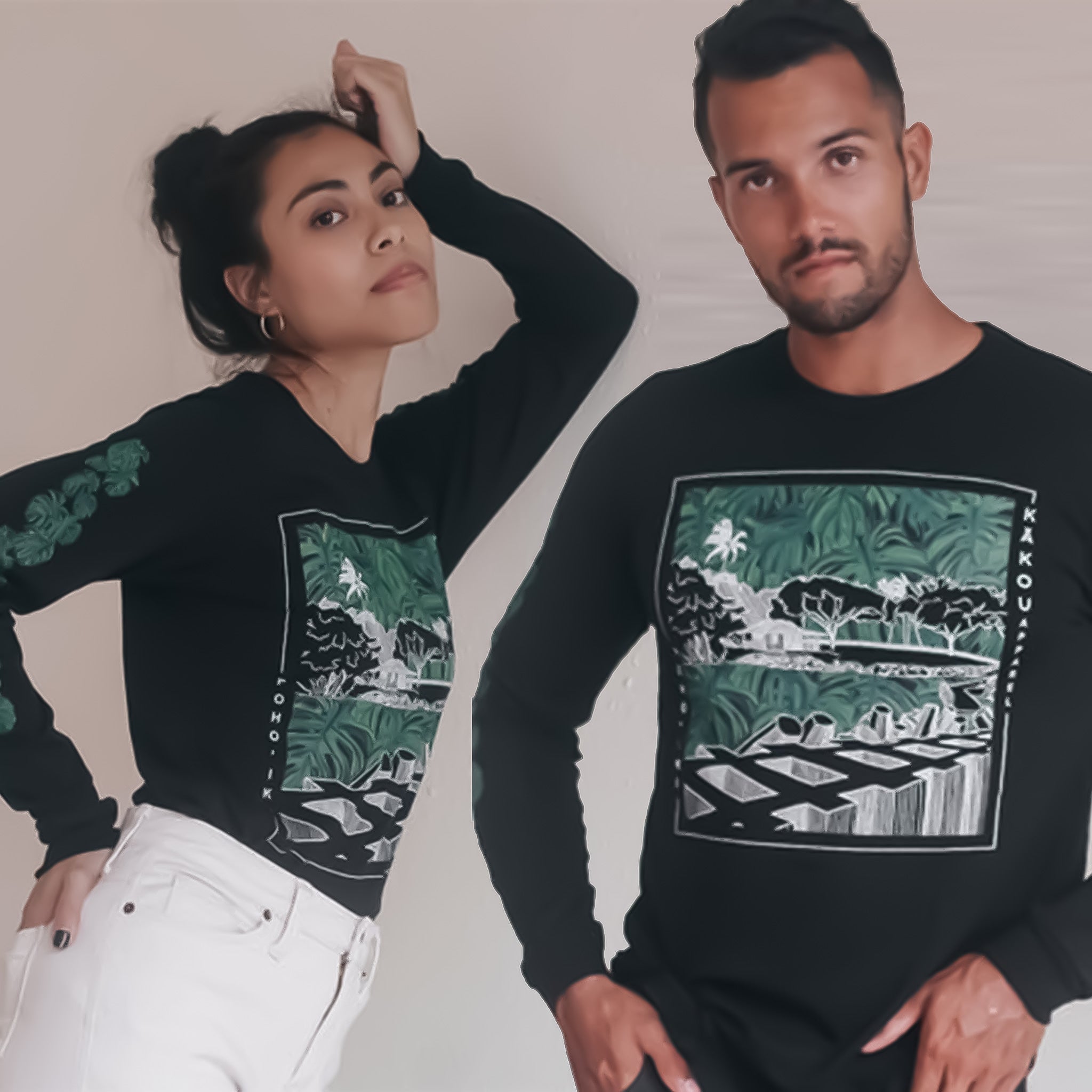 Pohoiki Monstera Print Cotton Longsleeve - Black & Emerald