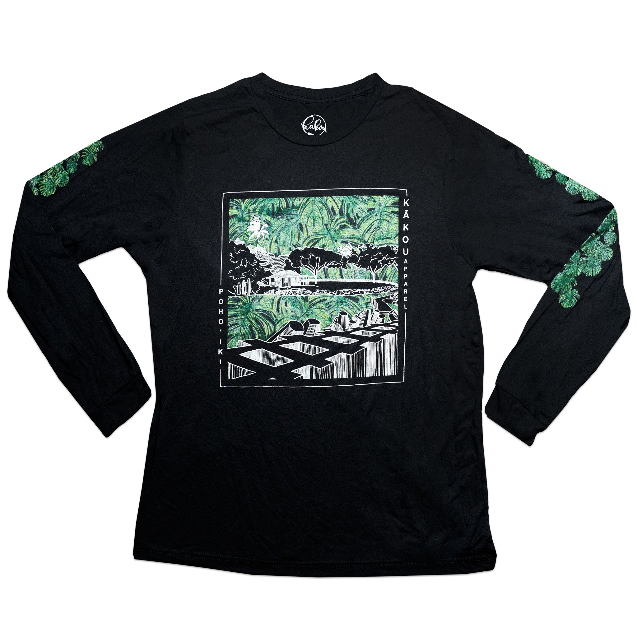 Pohoiki Monstera Print Cotton Longsleeve - Black & Emerald
