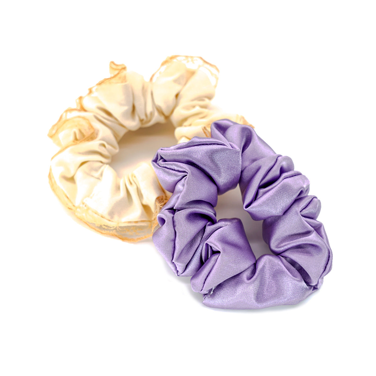 Handsewn Sateen & Lace Scrunchie Set - Purple & Tan