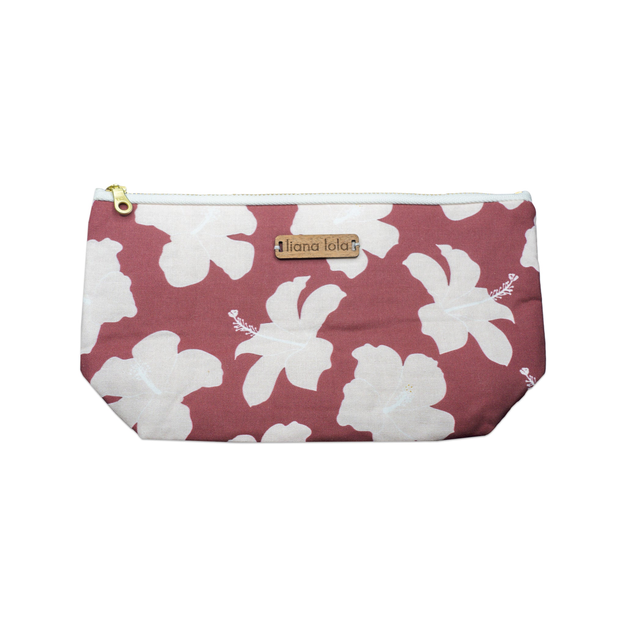 Handmade Cotton Canvas Burgundy Pink Hibiscus Flat-bottom Pouch