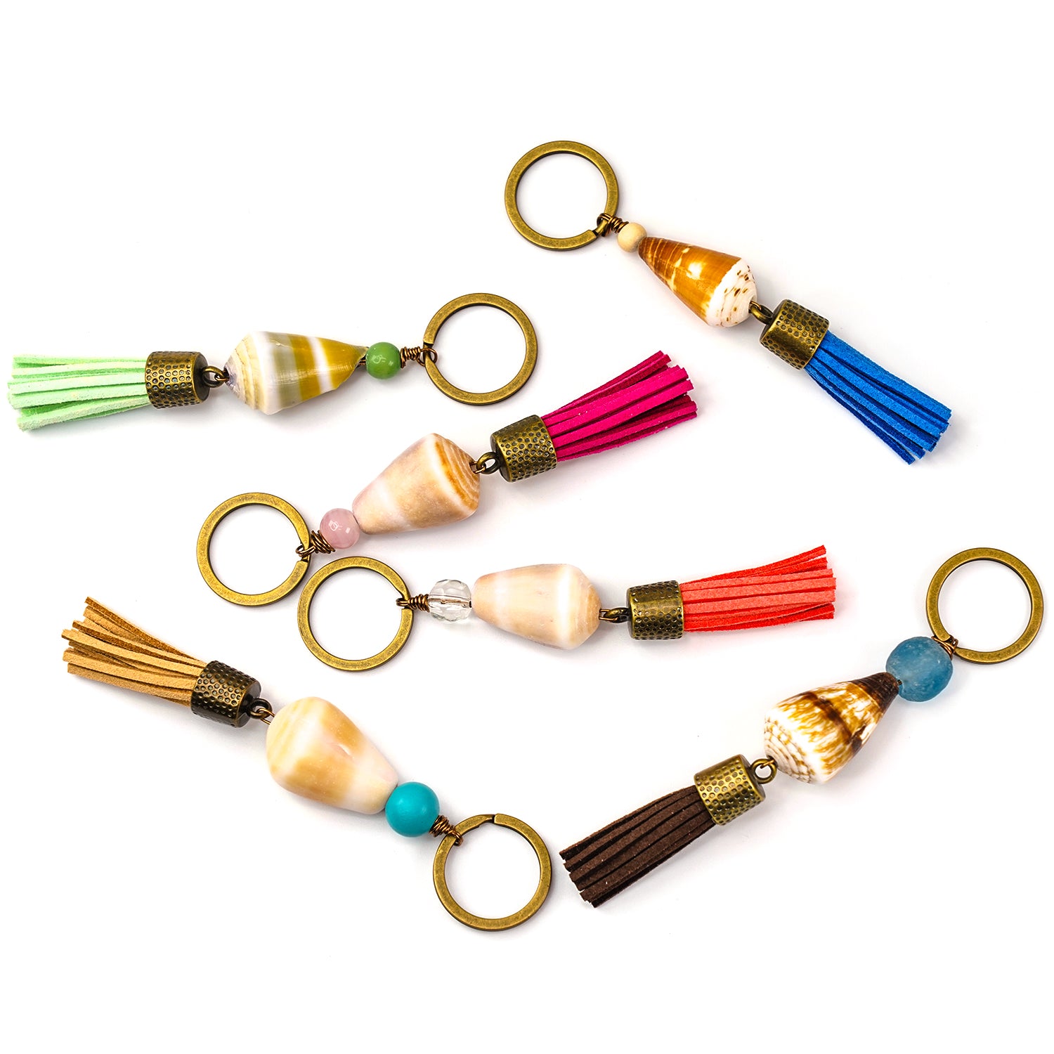 Handmade Hawaiian Cone Shell Bronze Keychain - Brown Tassel