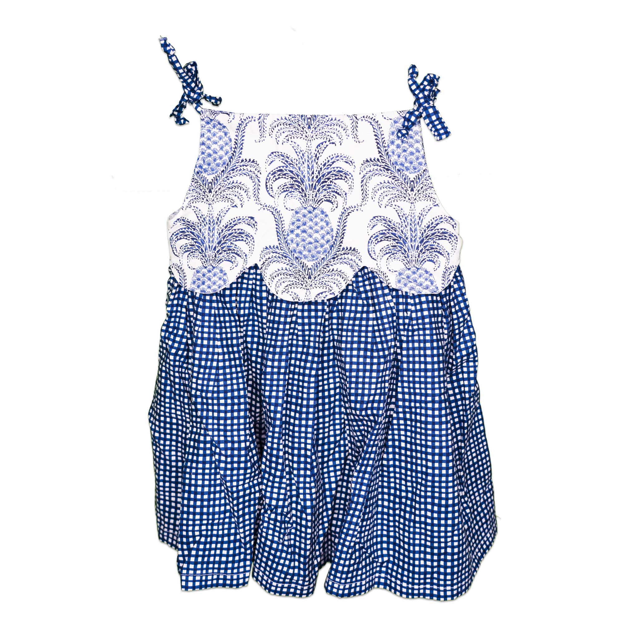 The Pineapple & Blue Plaid Scalloped Handmade Slip-On Dress - a delightful blend of tropical charm and timeless gingham, featuring a beautifully scalloped bodice with hand-drawn pineapples and a flowy blue plaid skirt for effortless everyday elegance.
