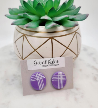 Lavender Palaka Print Clay Oval Stud Earrings