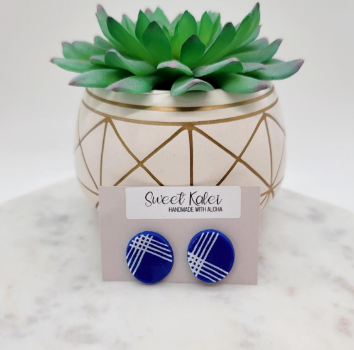 Navy Blue Palaka Print Clay Oval Stud Earrings