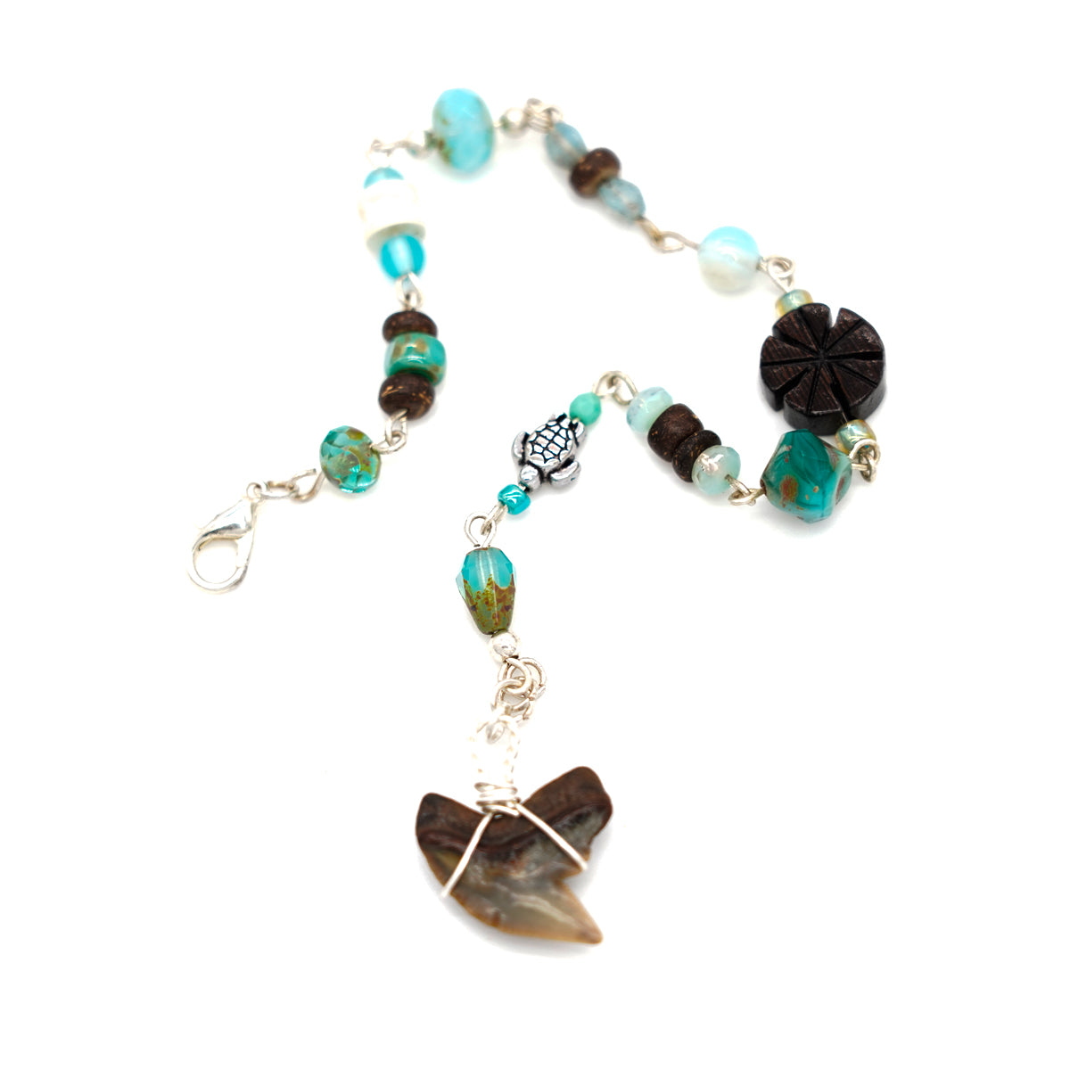 Fossilized Tiger Shark Tooth Charm Bracelet with Czech Glass & Wood