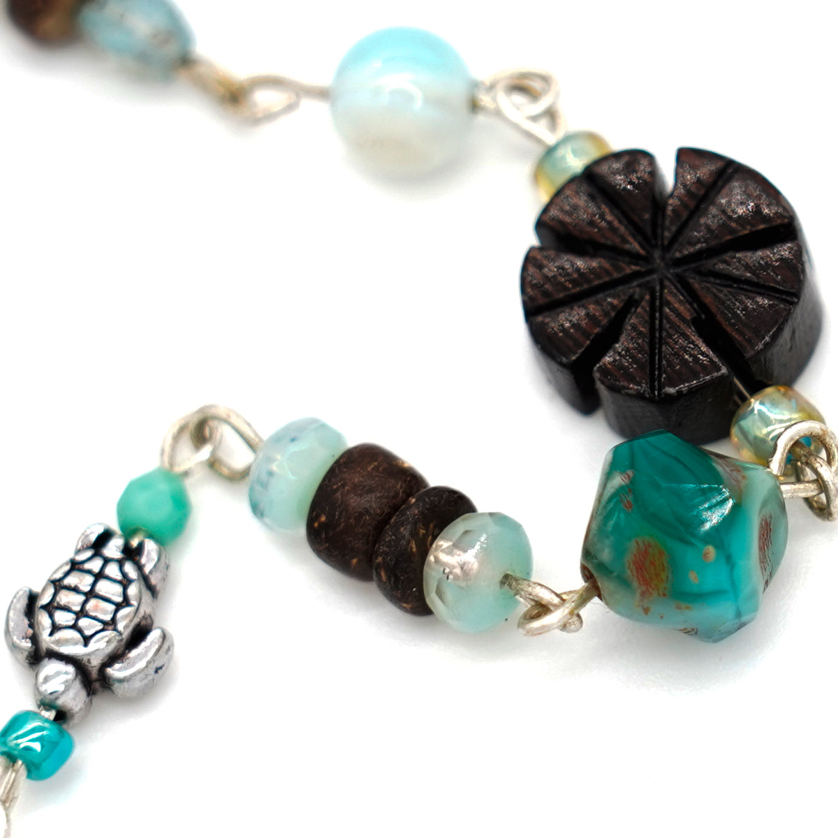 Fossilized Tiger Shark Tooth Charm Bracelet with Czech Glass & Wood