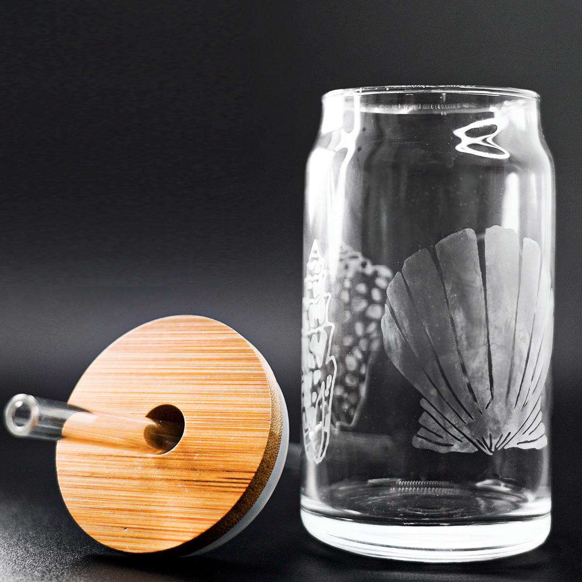 Hand Etched 16 oz Glass Tumbler with Lid & Straw - Seashells