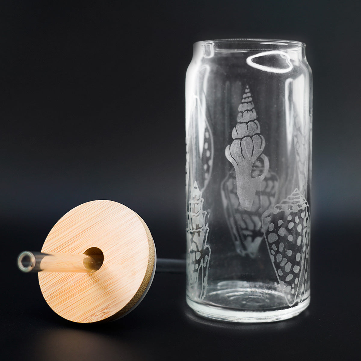 Hand Etched 20 oz Glass Tumbler with Lid & Straw - Seashells