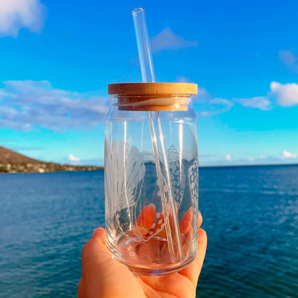 Hand Etched 16 oz Glass Tumbler with Lid & Straw - Seashells