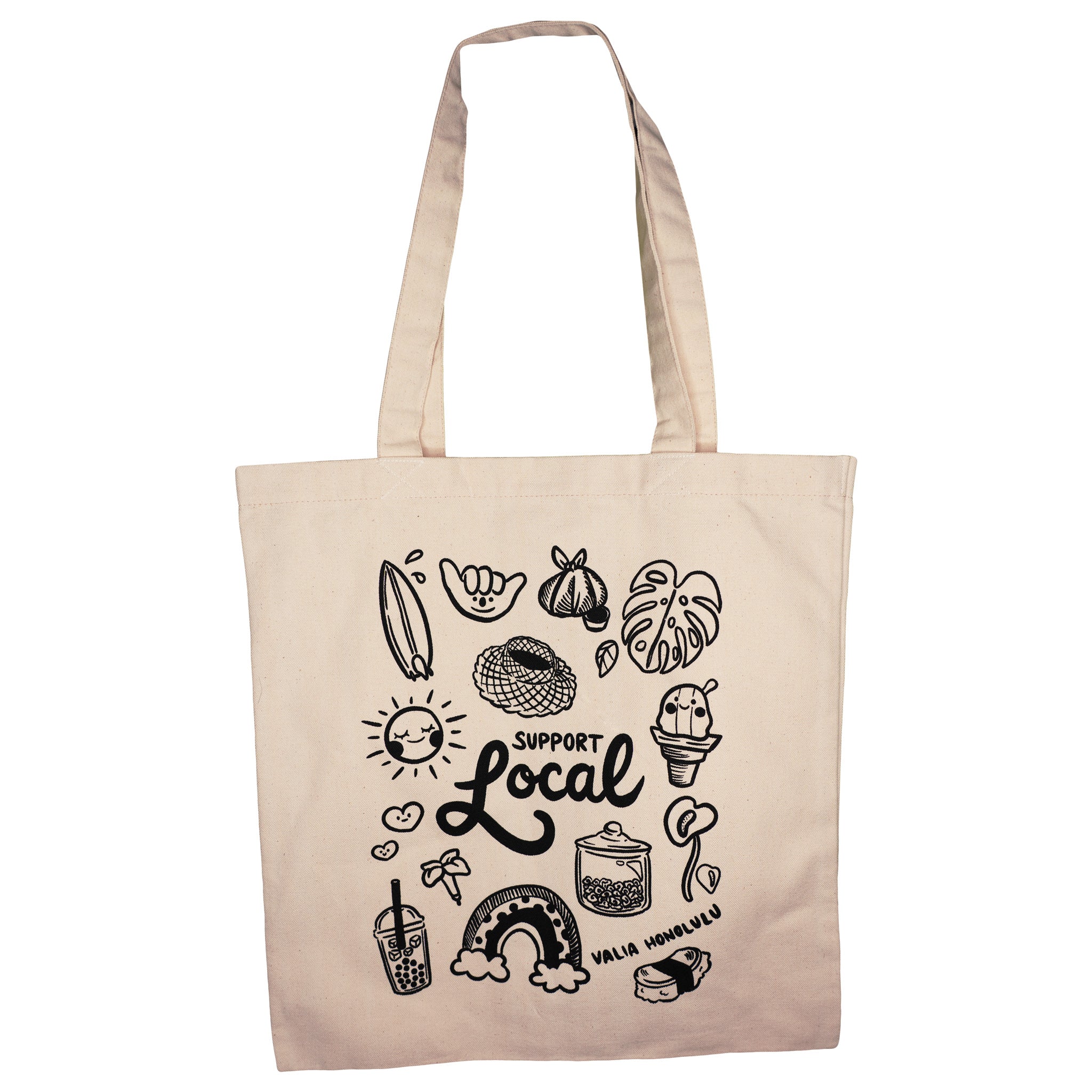 Eco-friendly canvas tote bag featuring playful hand-drawn local icons, shave ice, bubble tea, rainbow, spam musubi, and a smiling shaka, centered around the bold message "Support Local." Sturdy enough for farmers market hauls, beach days, or everyday errands, and stylish enough to rep your love for Hawai‘i and small businesses everywhere.