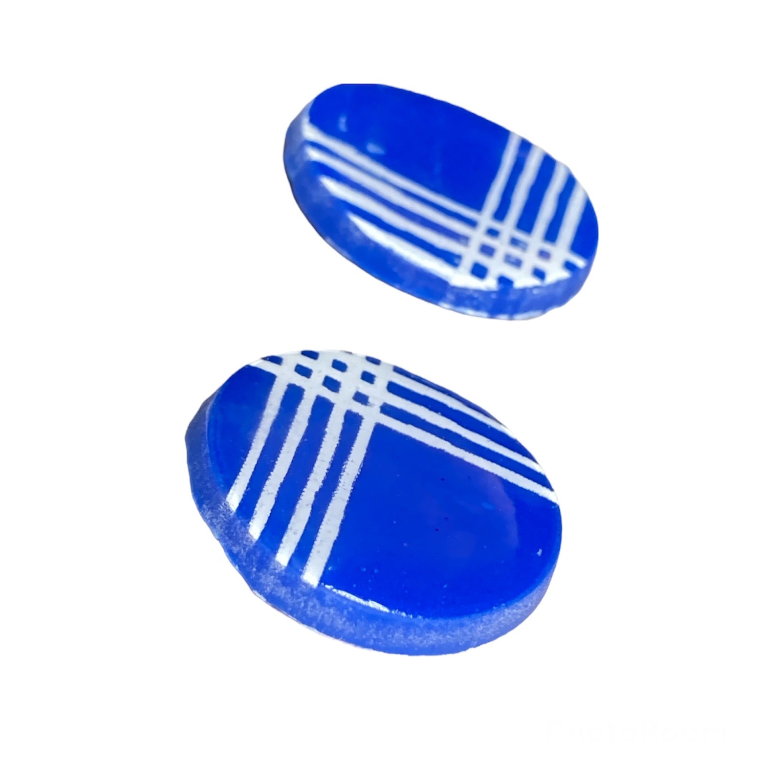 Navy Blue Palaka Print Clay Oval Stud Earrings