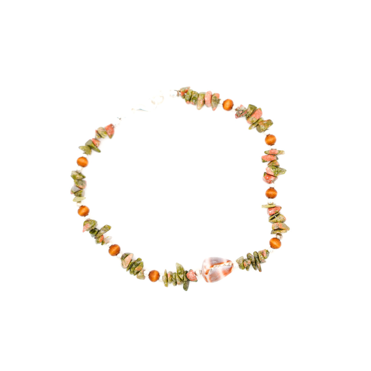 Pink & Green Unakite Anklet with Wood Beads & Hawaiian Cone Snail Shell