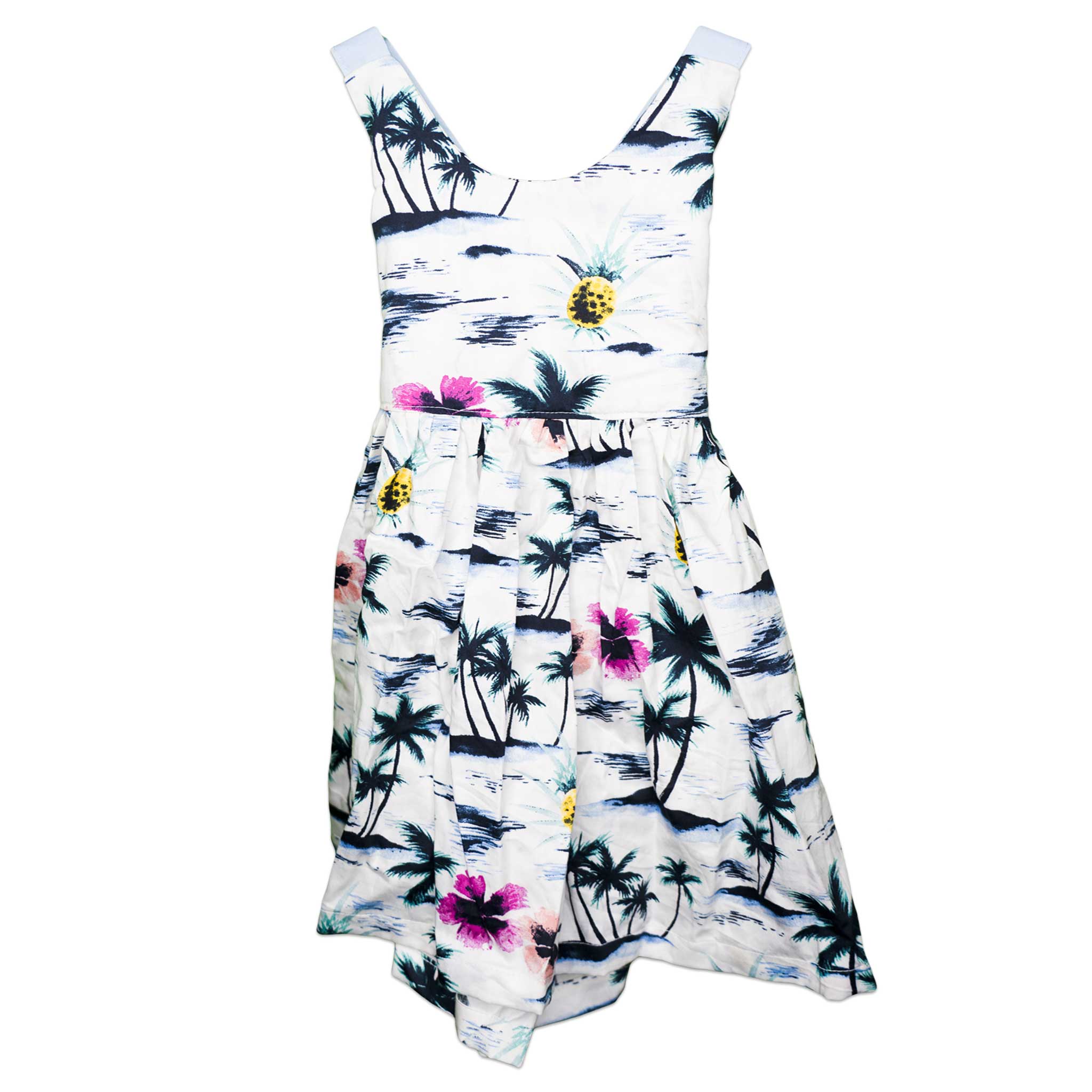 White Hawaiian Print Tie Strap Elastic Back Handmade Dress