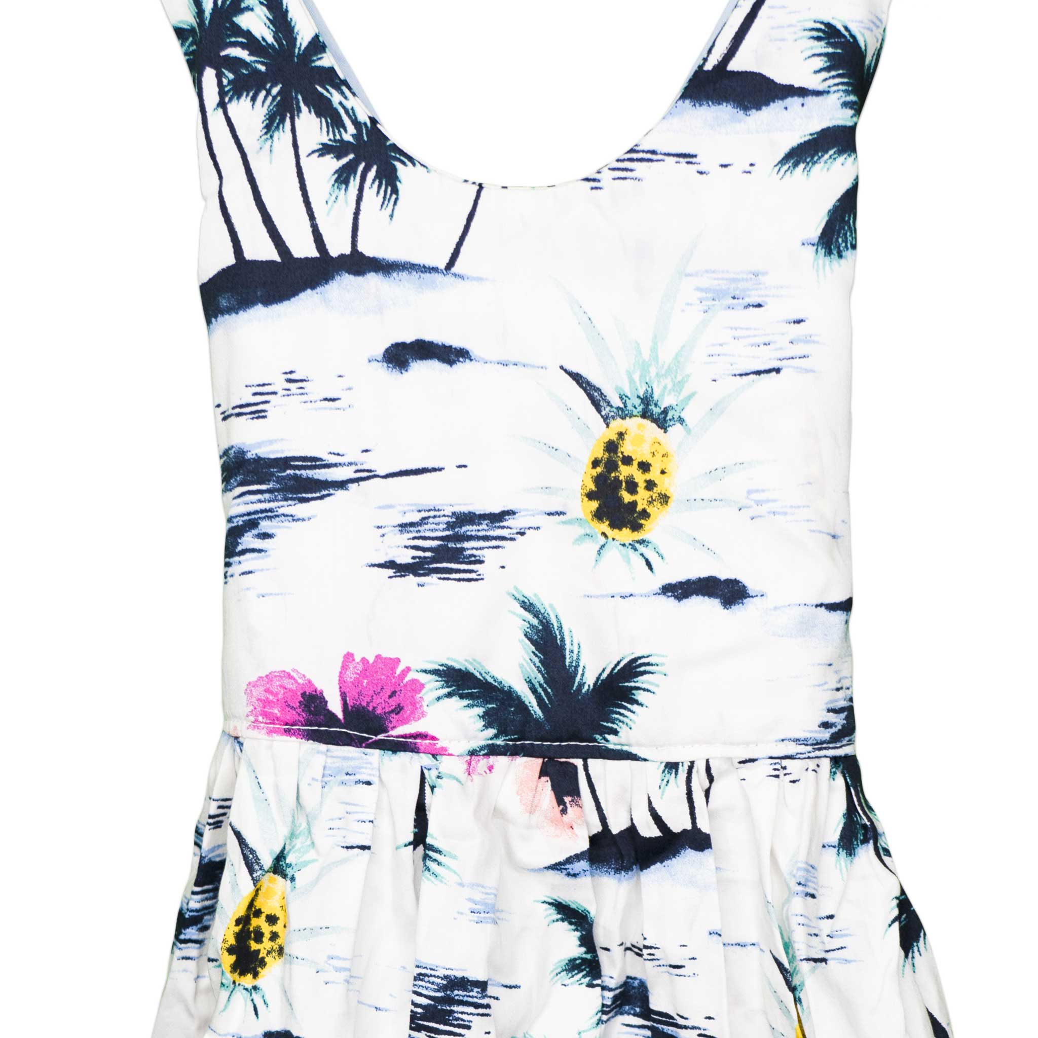 White Hawaiian Print Tie Strap Elastic Back Handmade Dress