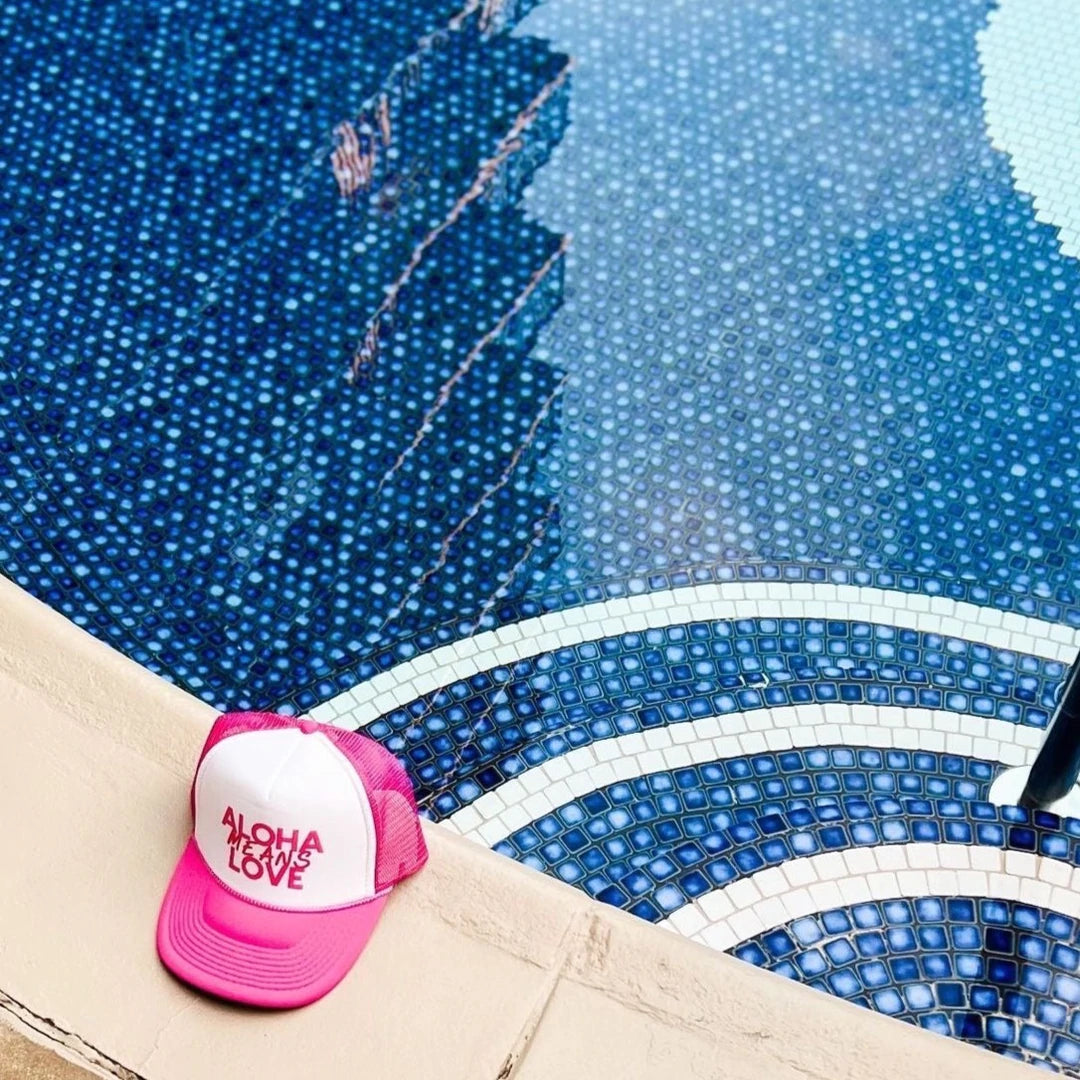 Aloha Means Love Pink and White Trucker Hat
