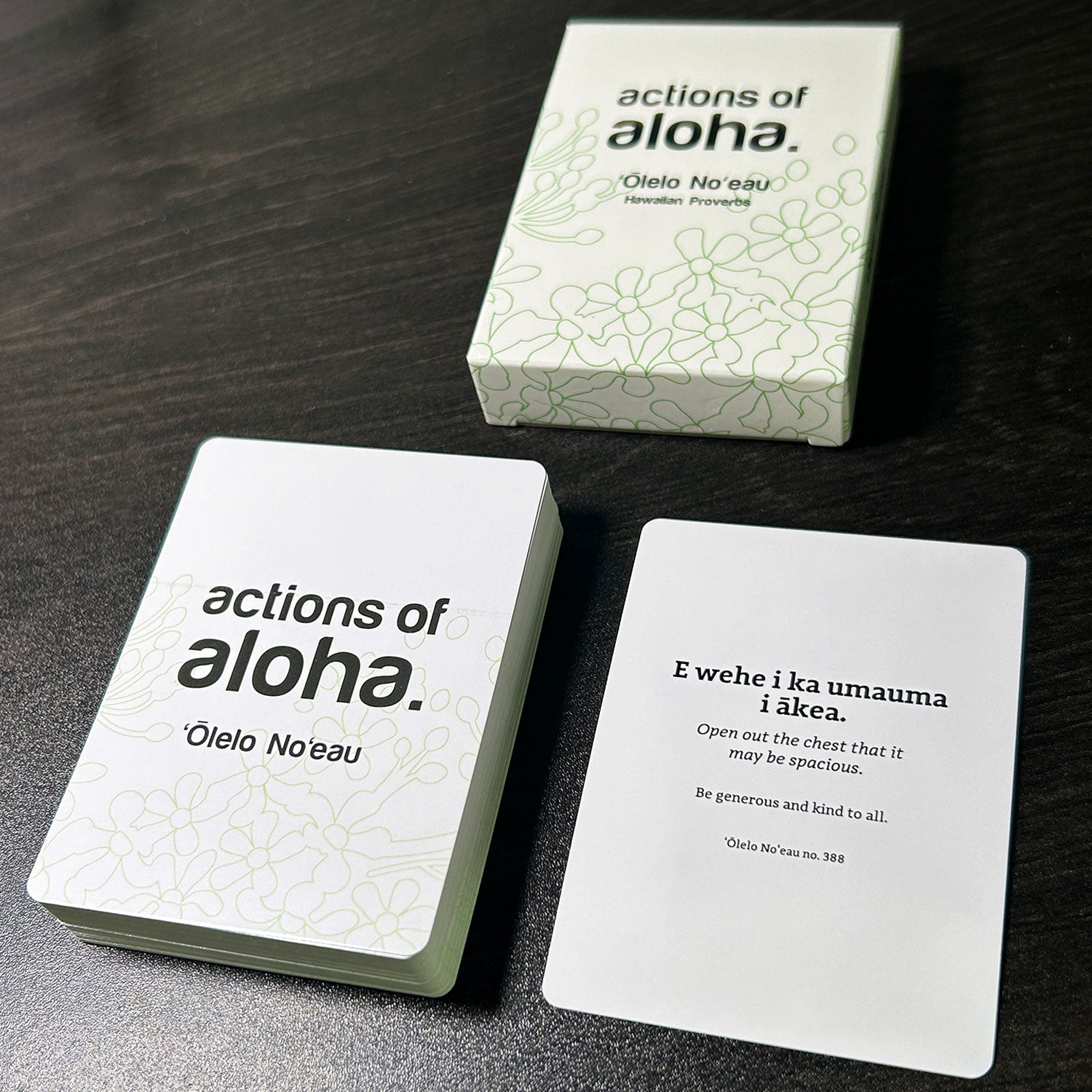 Actions of Aloha cards and box on a dark surface