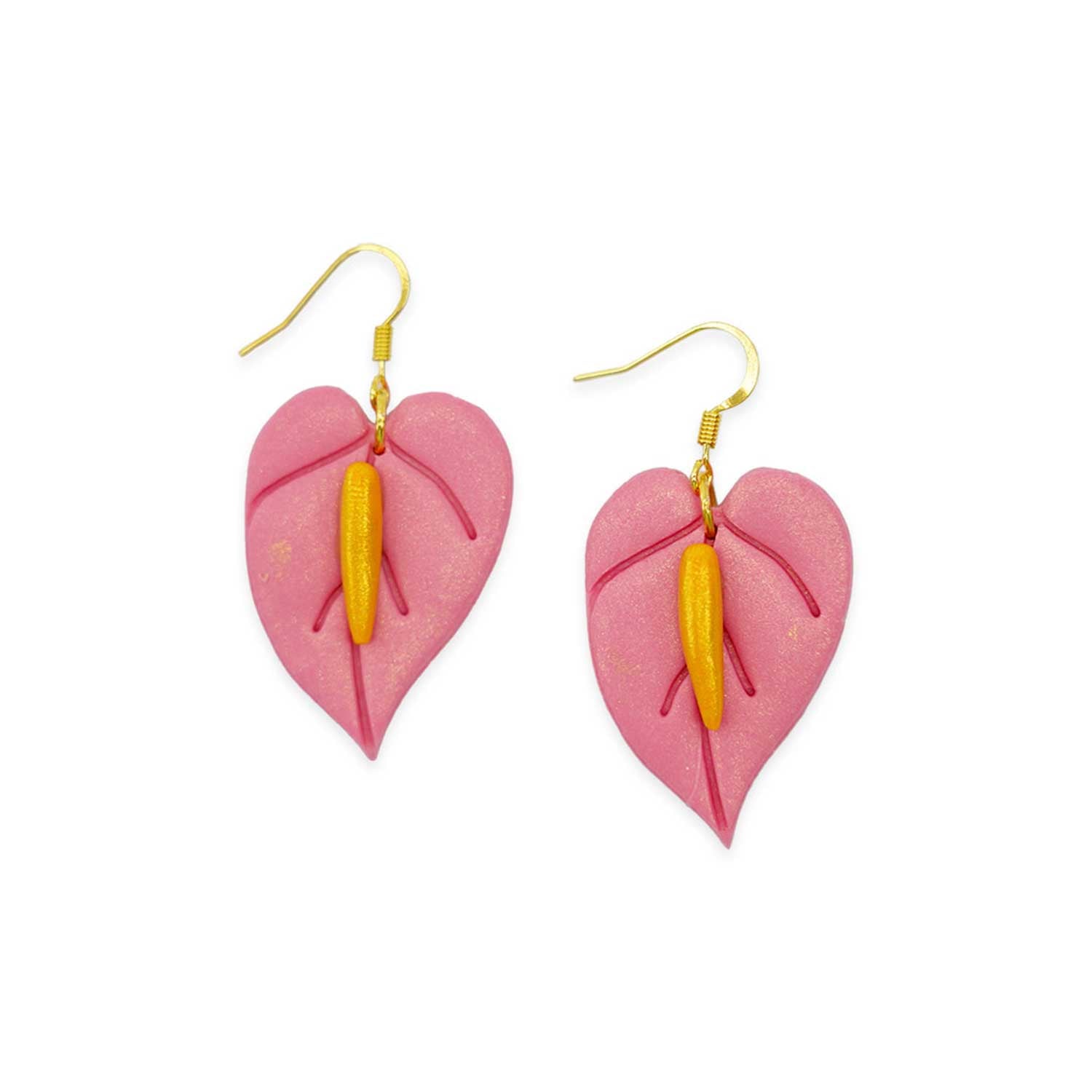 Pink Anthurium Clay Gold Hook Earrings